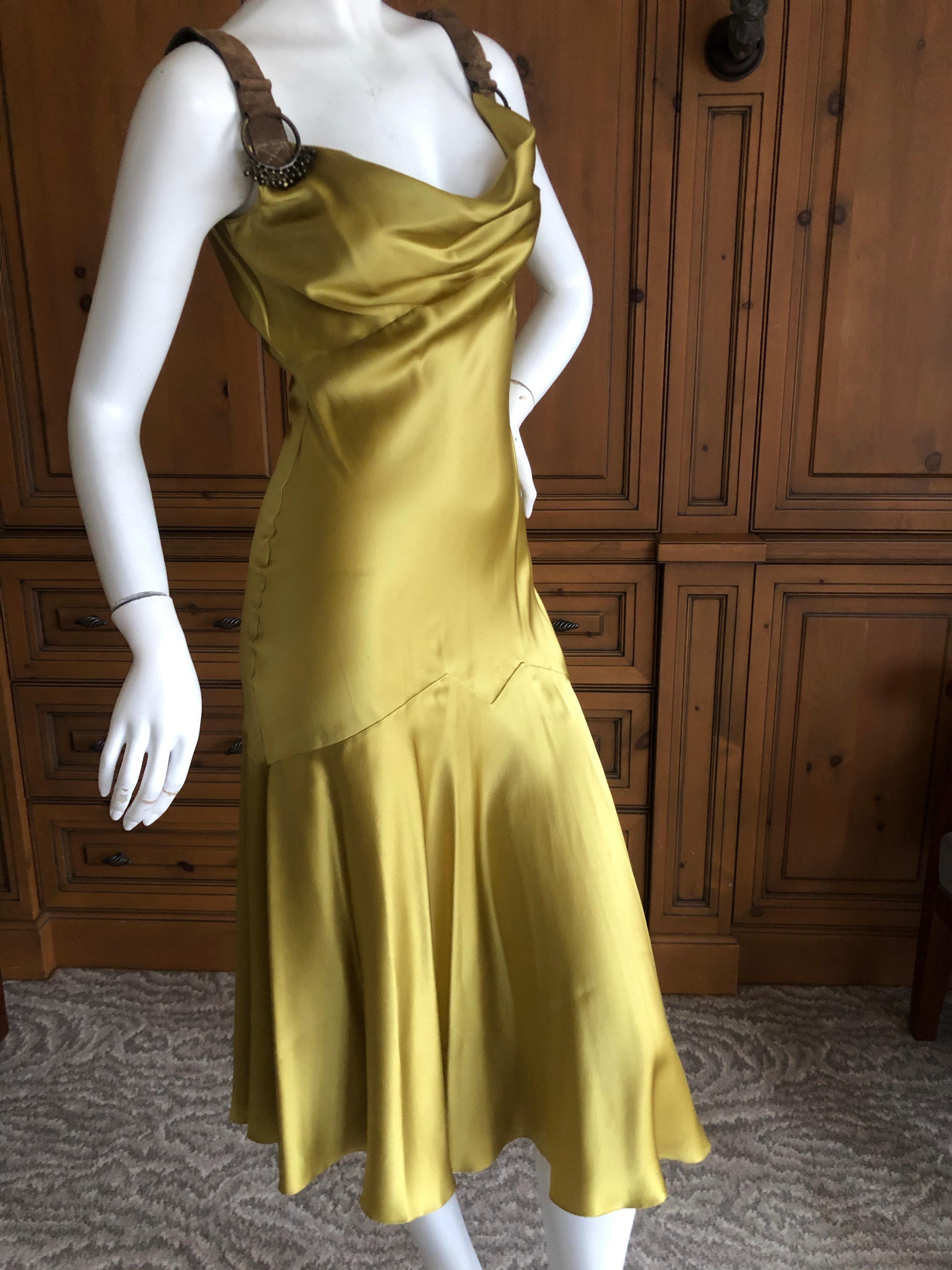 Beige John Galliano Chartreuse Silk Charmeuse Cocktail Dress with Leather Straps For Sale