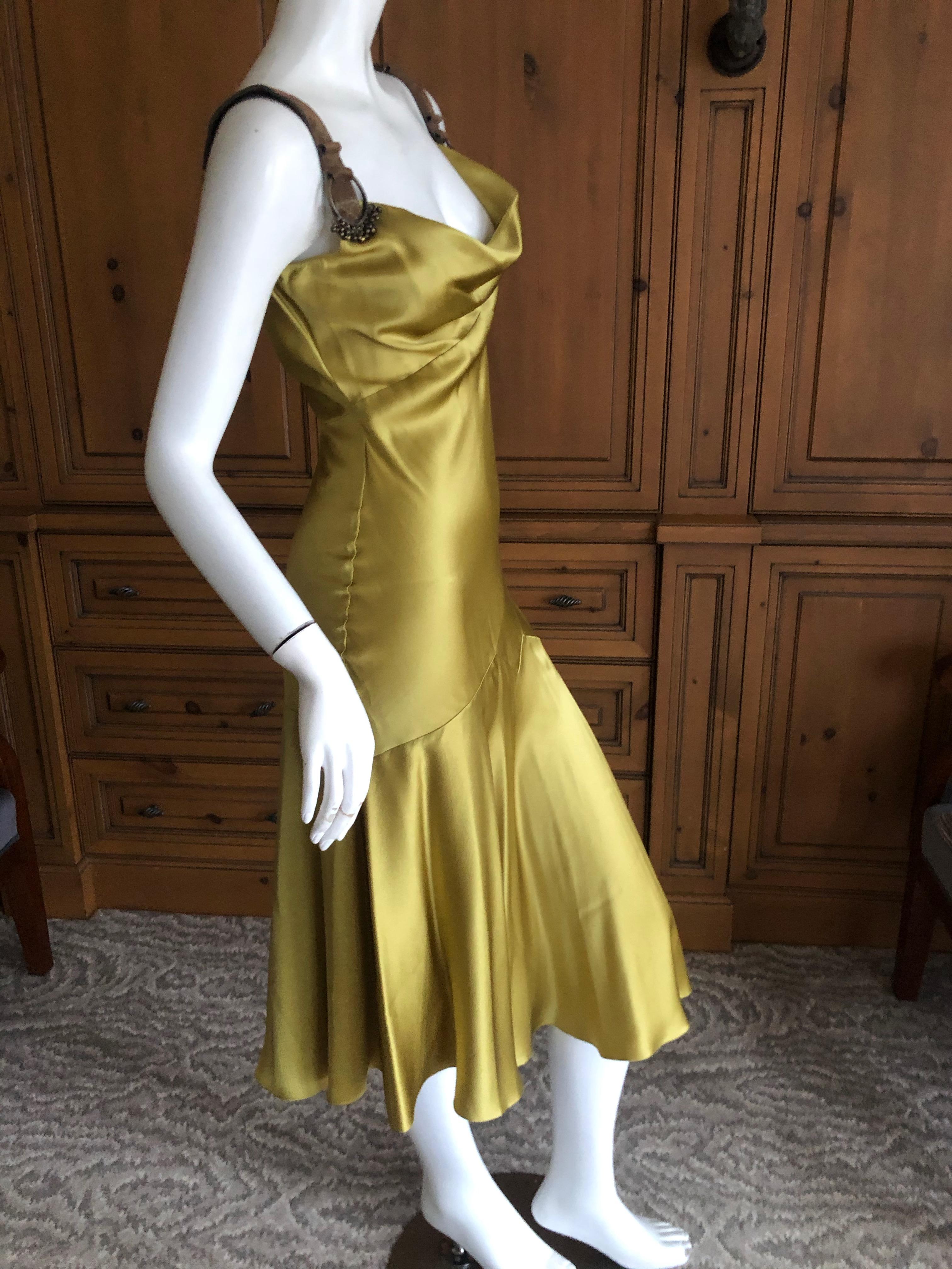 Women's John Galliano Chartreuse Silk Charmeuse Cocktail Dress with Leather Straps For Sale