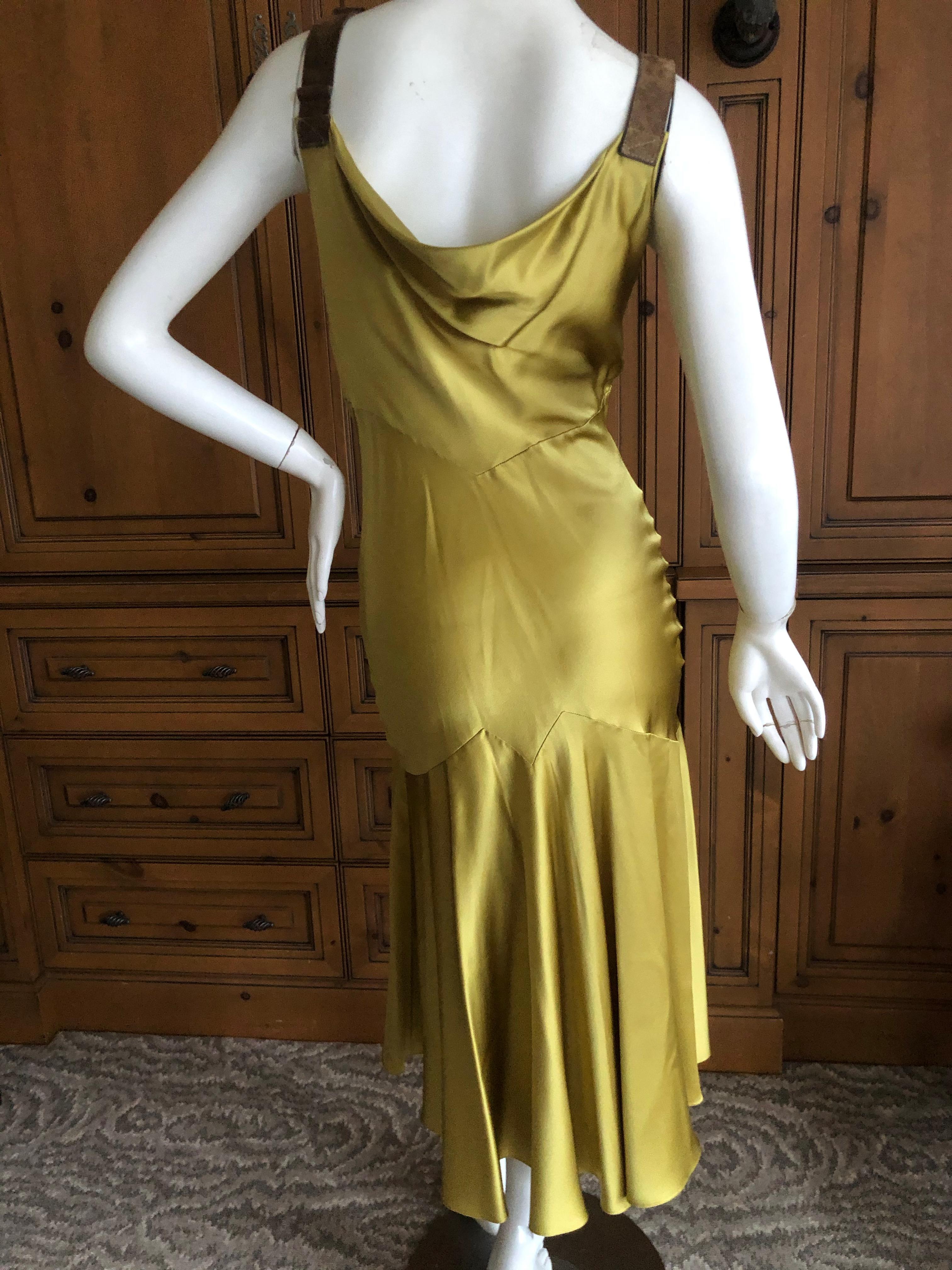 John Galliano Chartreuse Silk Charmeuse Cocktail Dress with Leather Straps For Sale 1