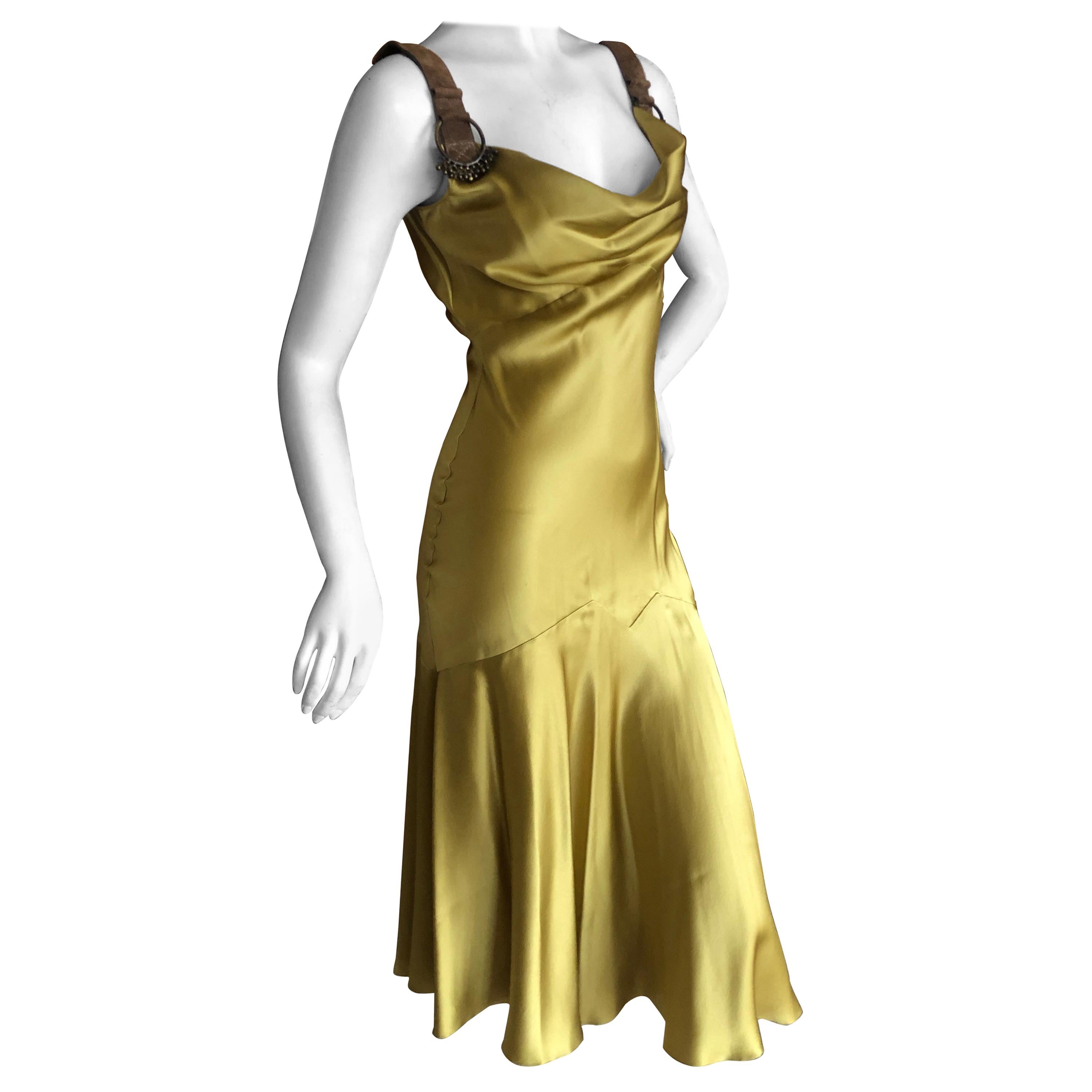 John Galliano Chartreuse Silk Charmeuse Cocktail Dress with Leather Straps For Sale