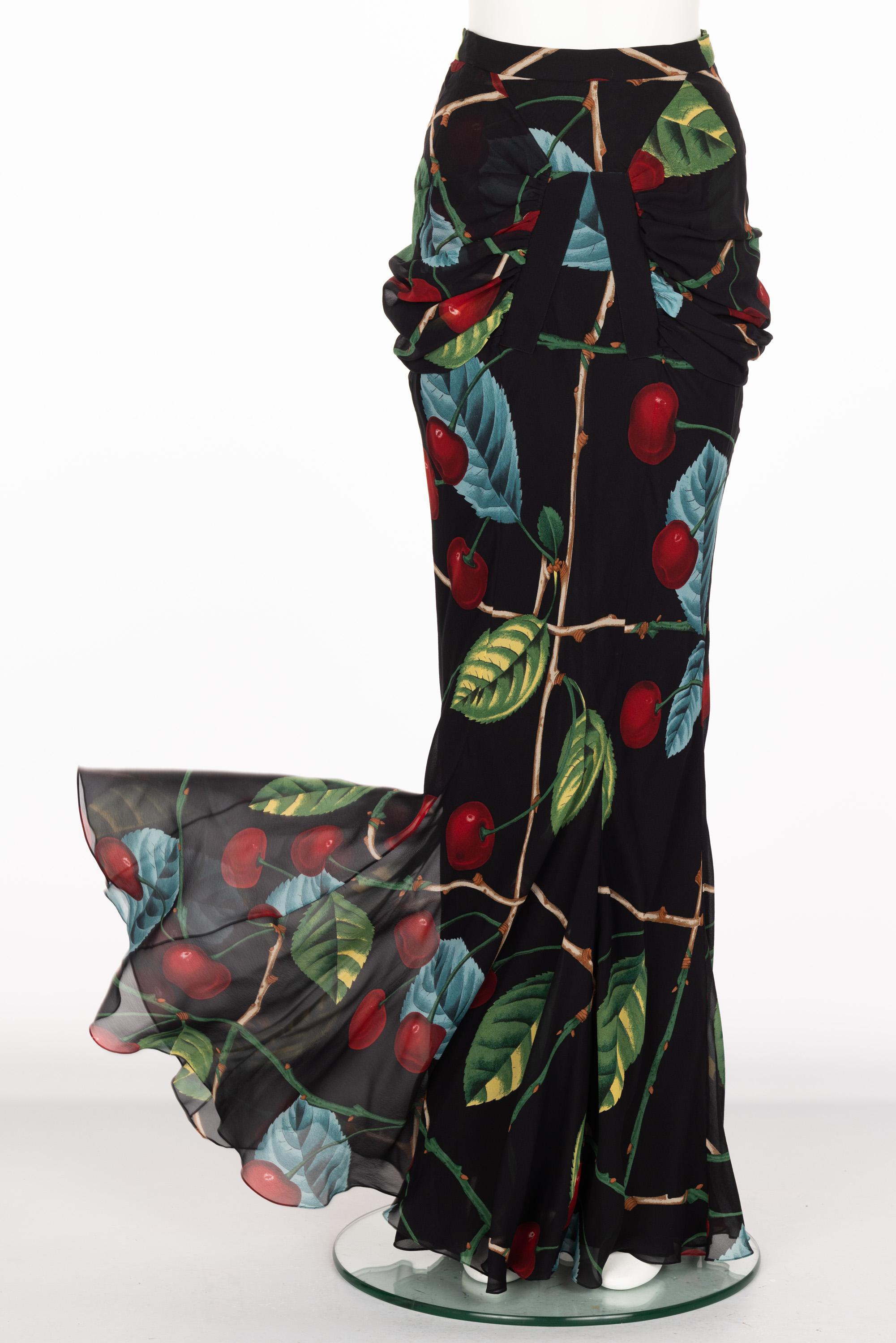 John Galliano Cherry Print Silk Maxi Skirt F/W 2003 In Excellent Condition In Boca Raton, FL