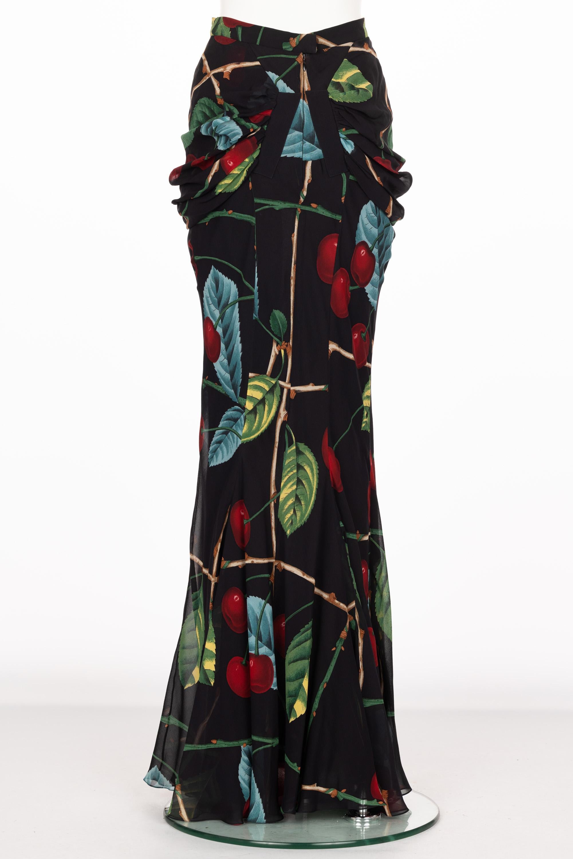Women's John Galliano Cherry Print Silk Maxi Skirt F/W 2003