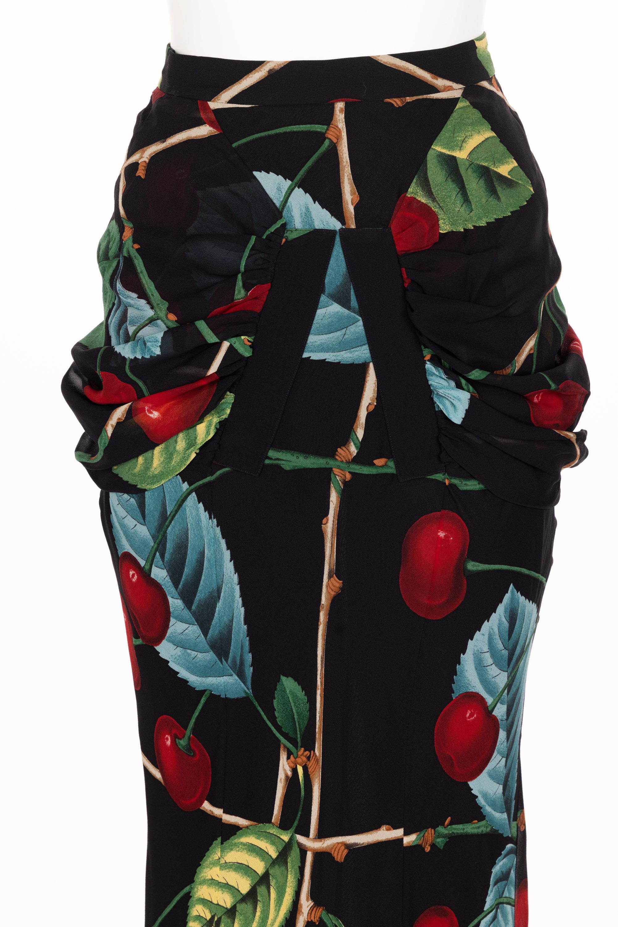 John Galliano Cherry Print Silk Maxi Skirt F/W 2003 2
