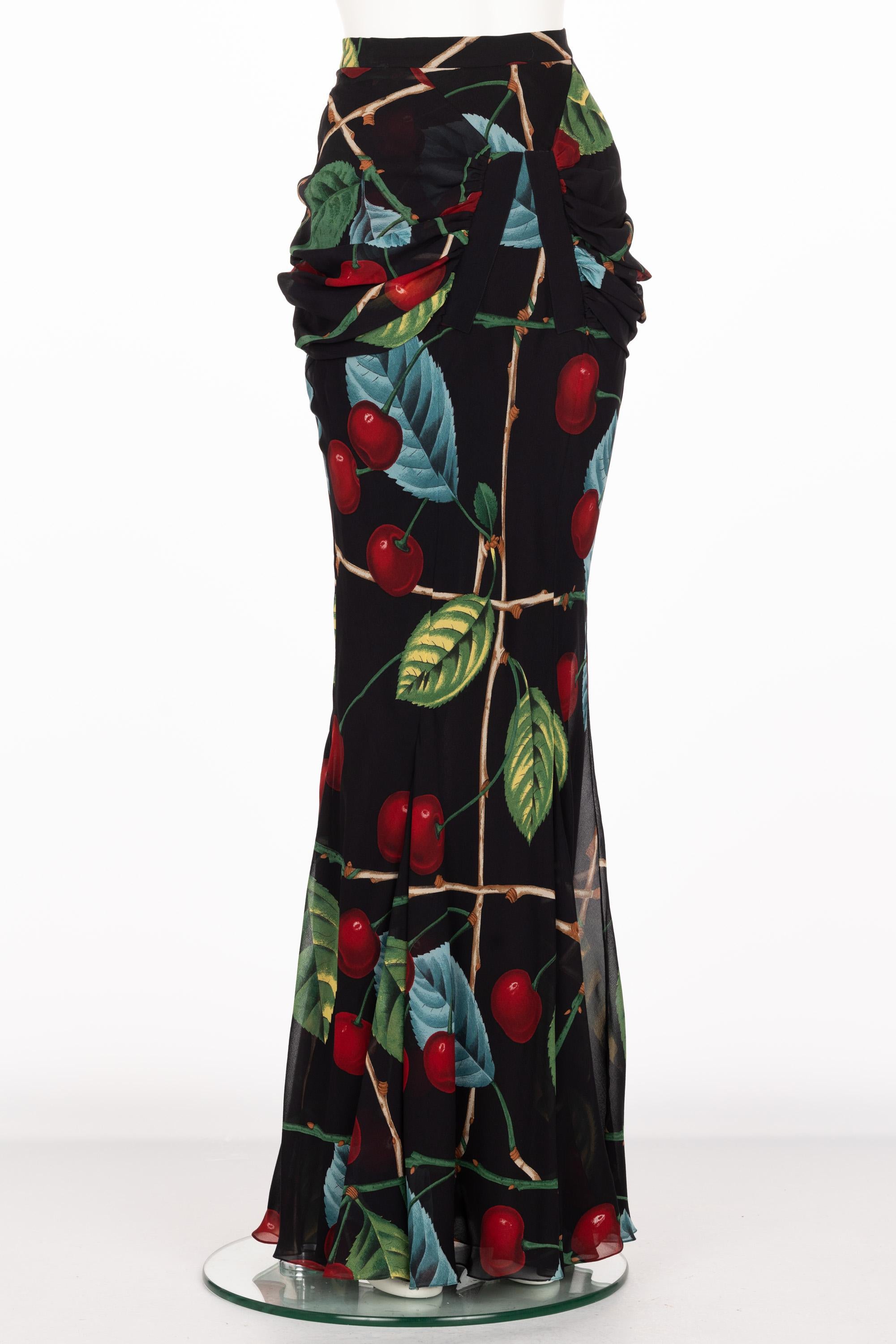 John Galliano Cherry Print Silk Maxi Skirt F/W 2003 For Sale 5