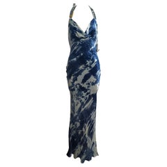 John Galliano / Christian Dior 2000 Tie-Dye Navy Velvet Halter Dress "Robe Belle