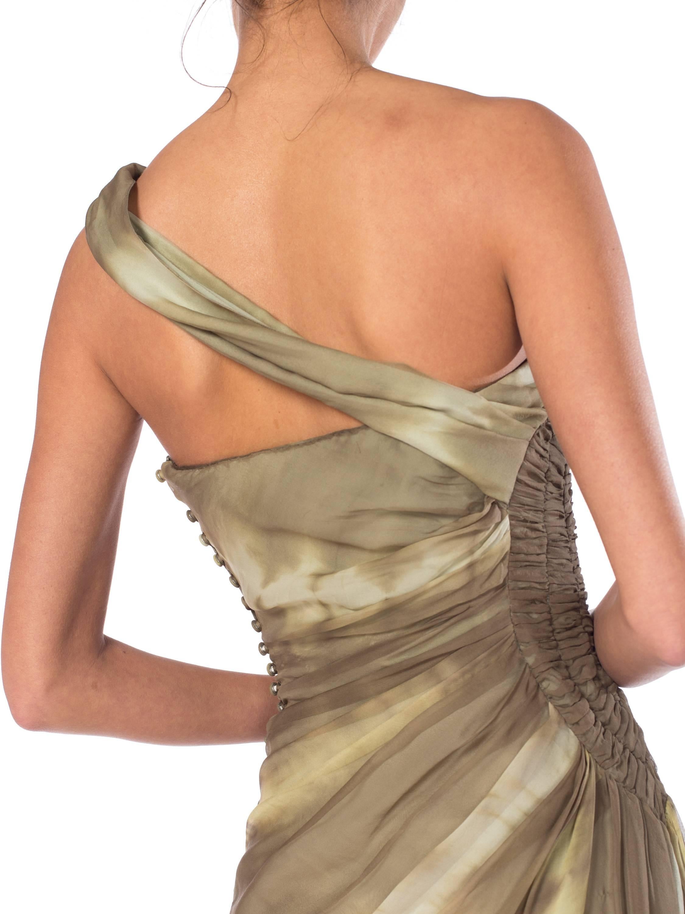 2000S JOHN GALLIANO CHRISTIAN DIOR Olive Green Silk Chiffon One Shoulder Dress For Sale 2