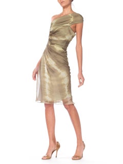 2000S JOHN GALLIANO CHRISTIAN DIOR Olive Green Silk Chiffon One Shoulder Dress