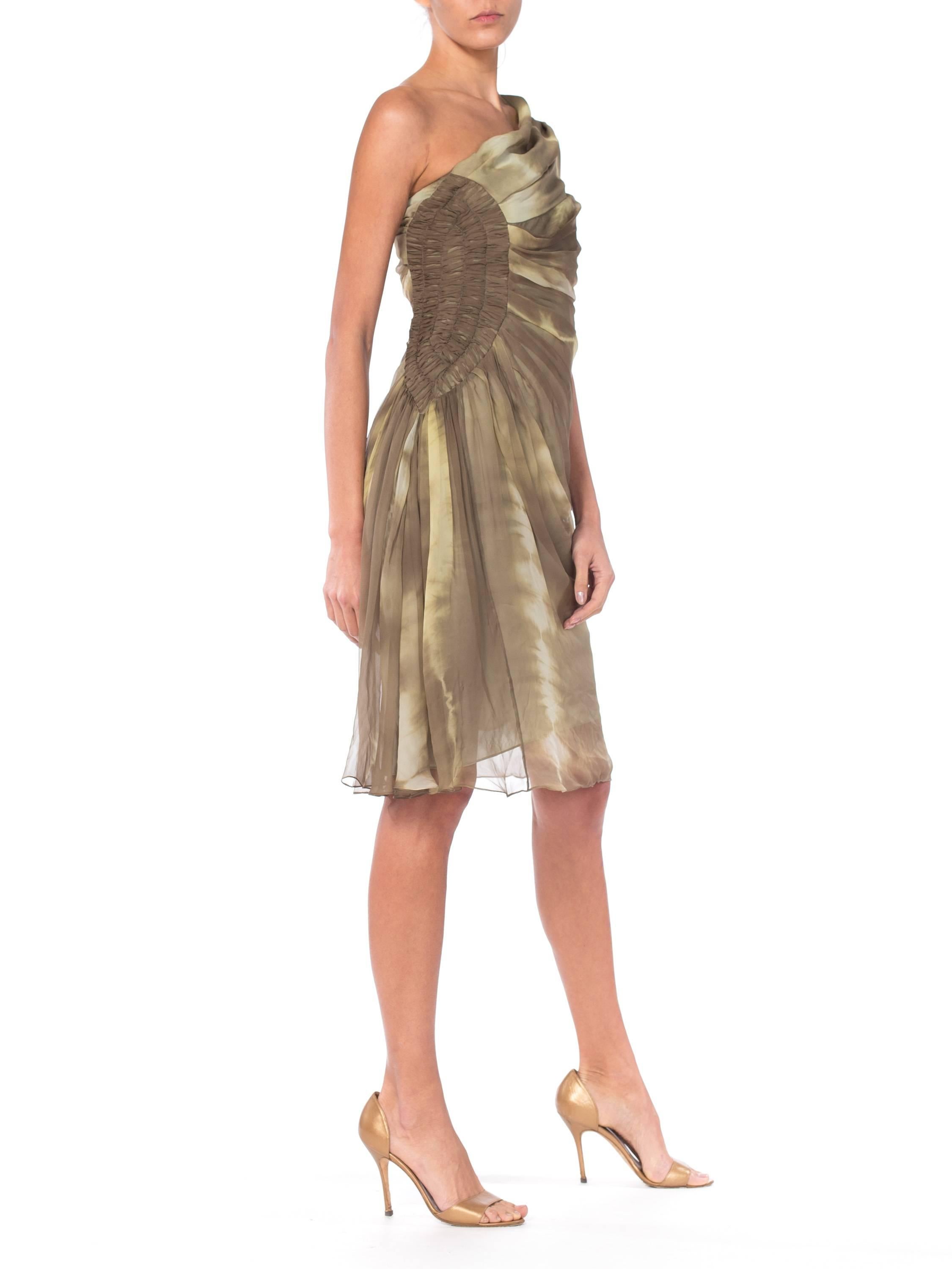 Brown 2000S JOHN GALLIANO CHRISTIAN DIOR Olive Green Silk Chiffon One Shoulder Dress For Sale