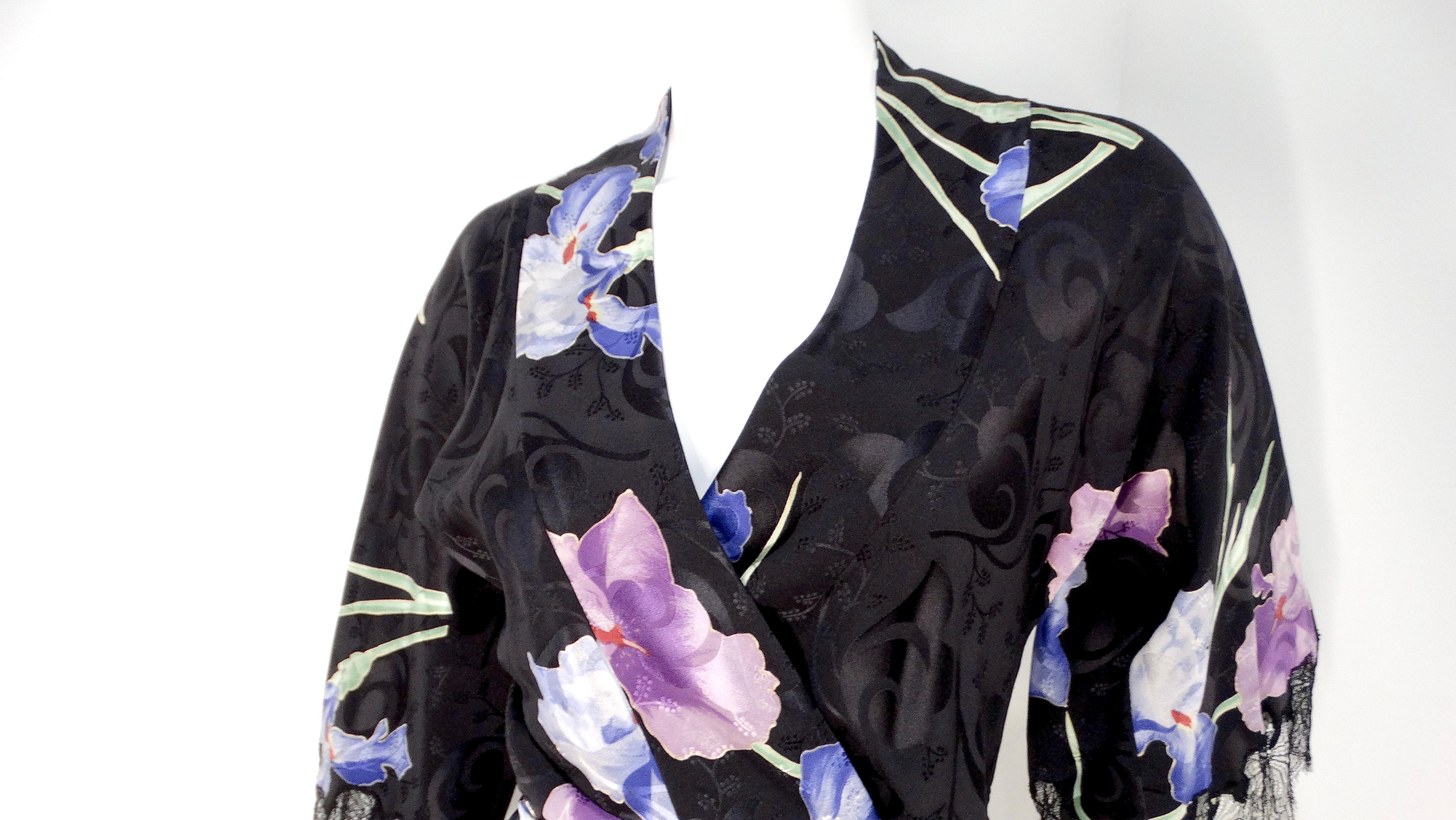 John Galliano Circa 2005 Black Kimono Style Floral Silk Top In Good Condition For Sale In Scottsdale, AZ