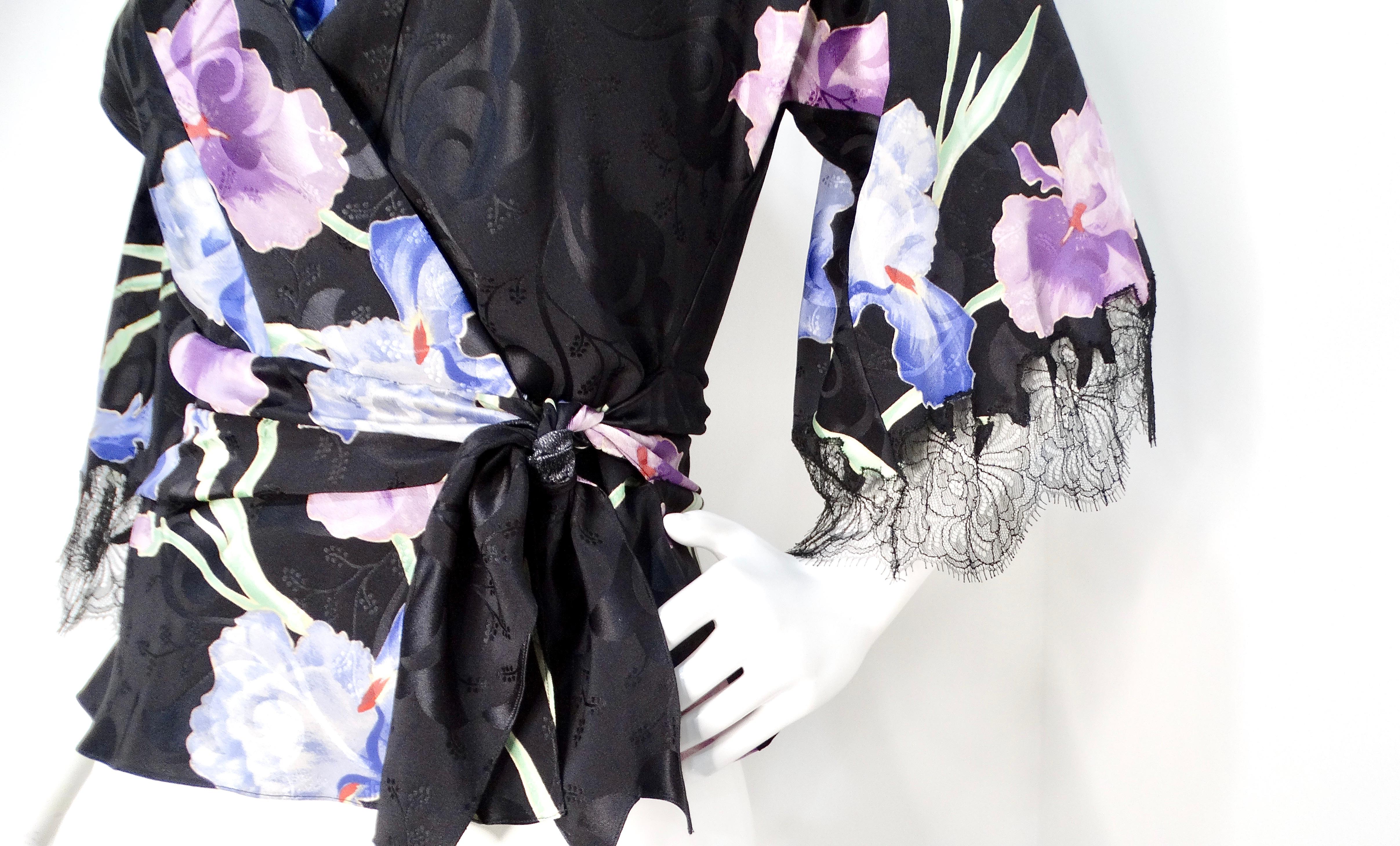Women's John Galliano Circa 2005 Black Kimono Style Floral Silk Top For Sale
