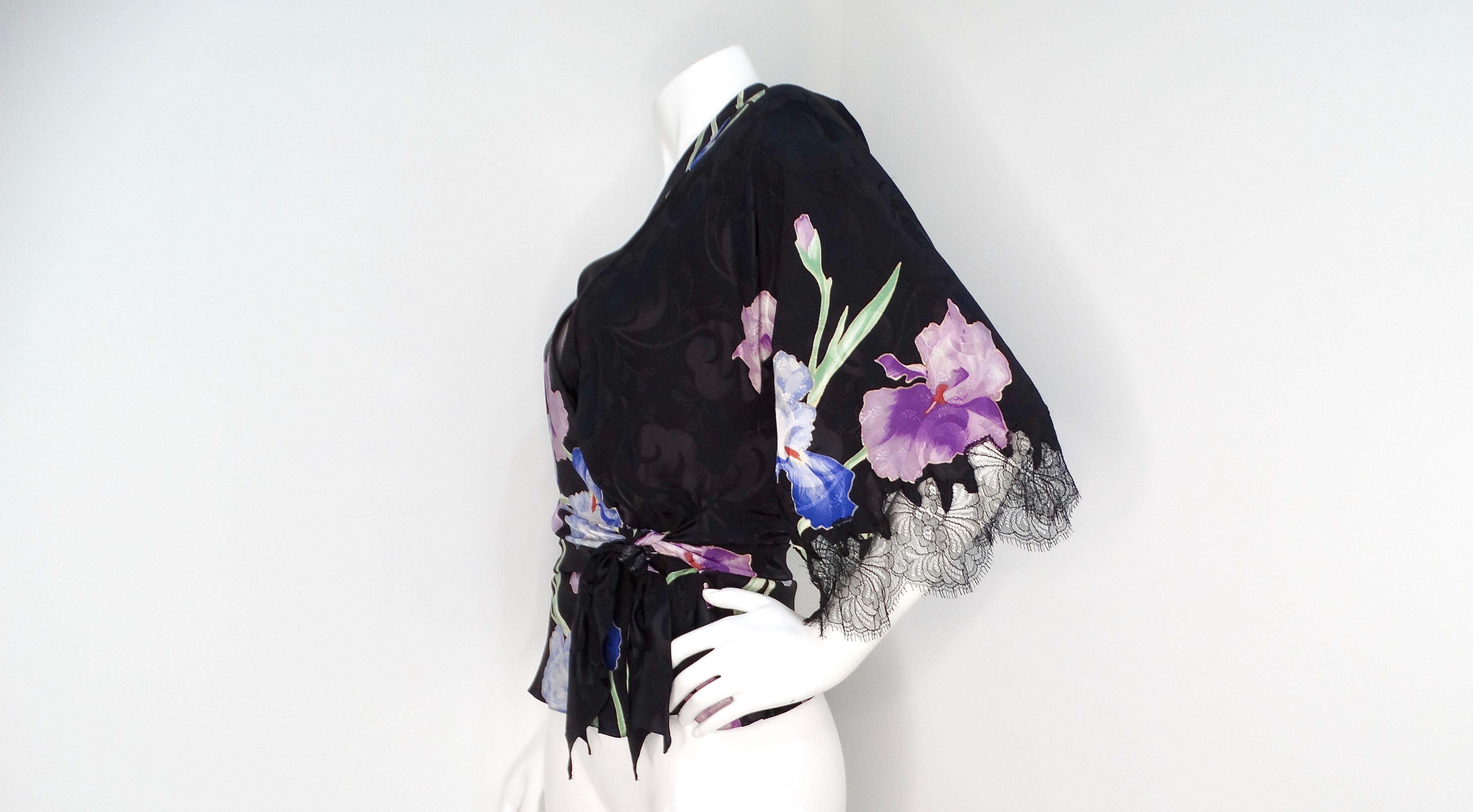 John Galliano Circa 2005 Black Kimono Style Floral Silk Top For Sale 1