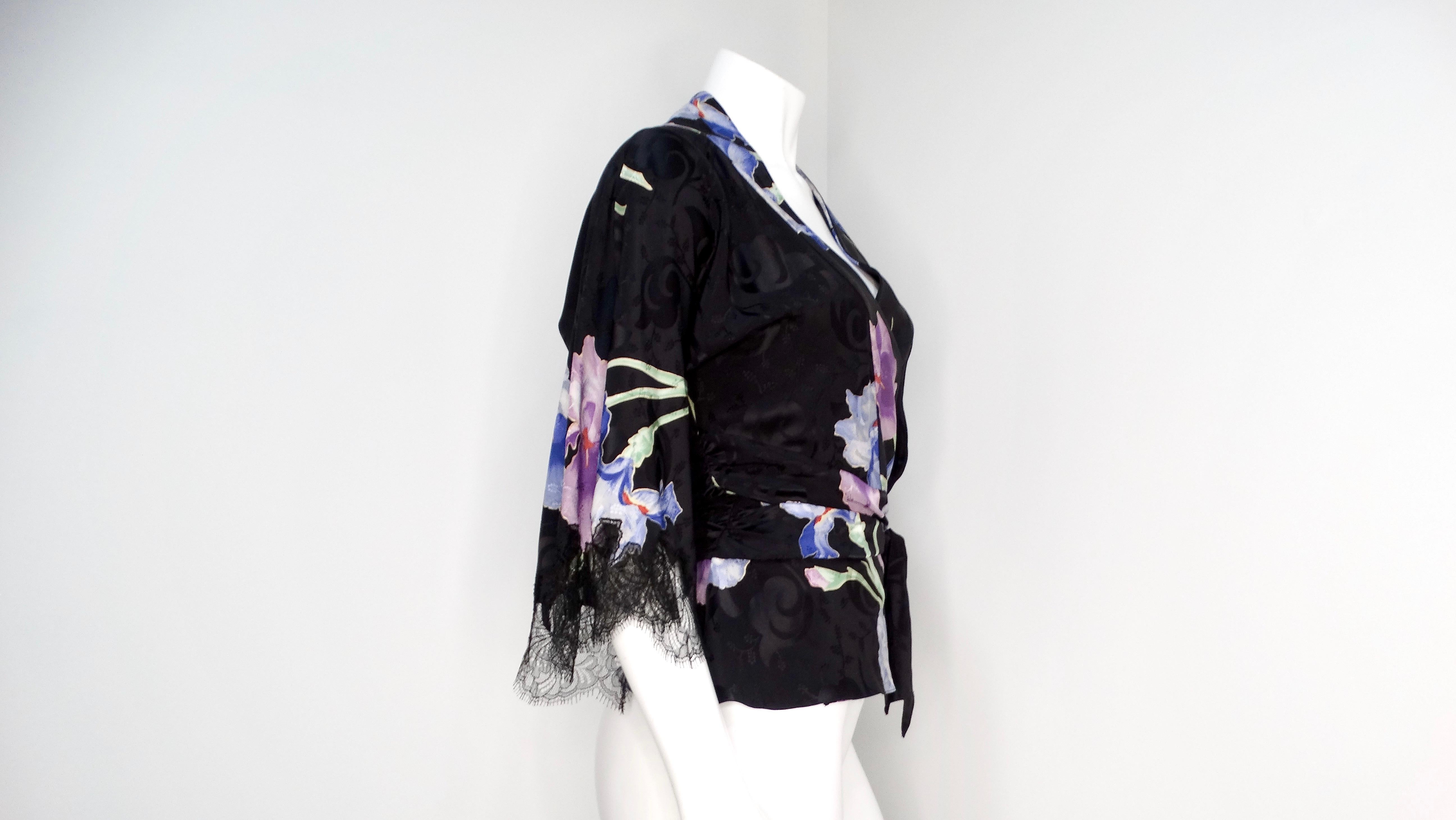 John Galliano Circa 2005 Black Kimono Style Floral Silk Top For Sale 3