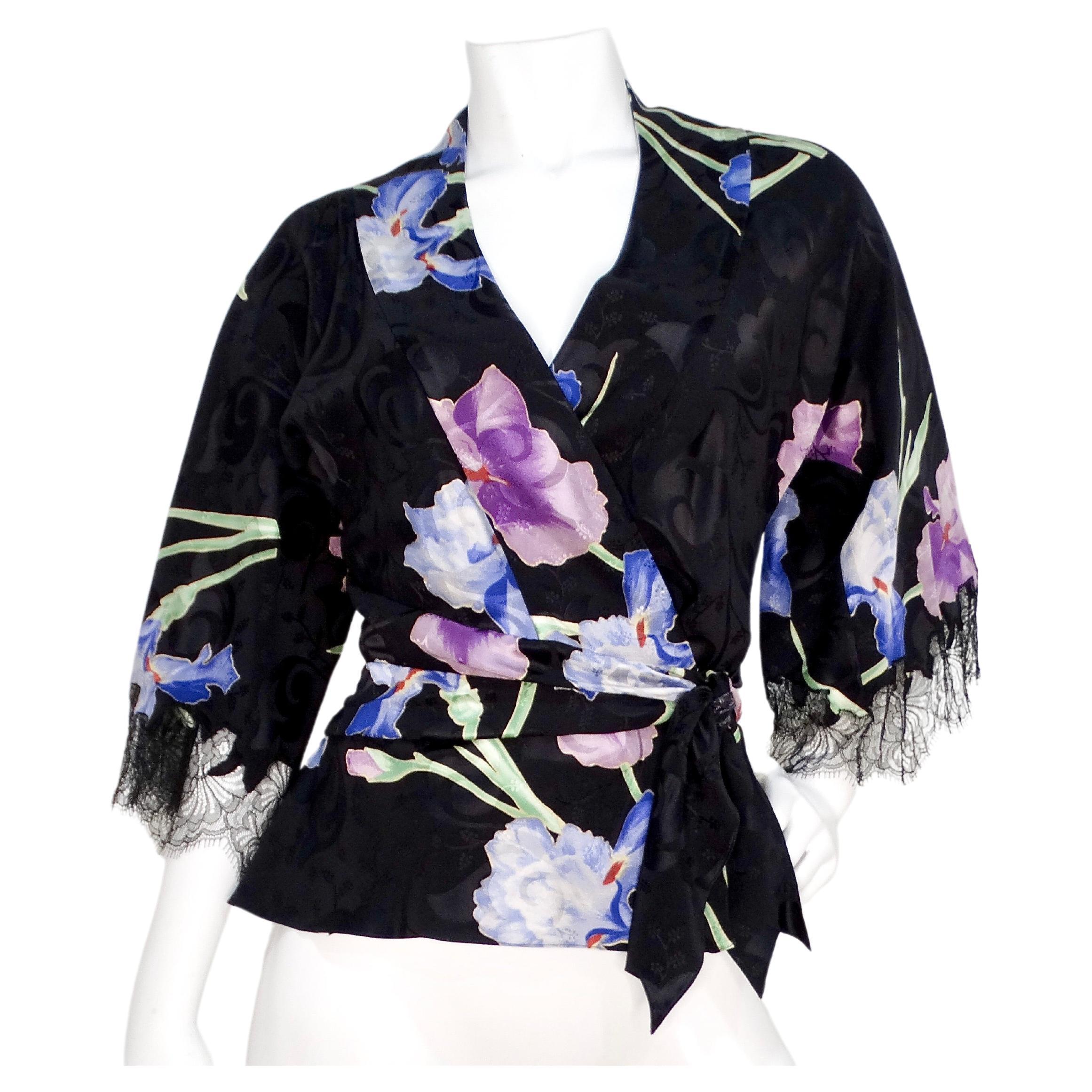 John Galliano Circa 2005 Black Kimono Style Floral Silk Top For Sale