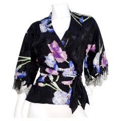 John Galliano Circa 2005 Black Kimono Style Floral Silk Top