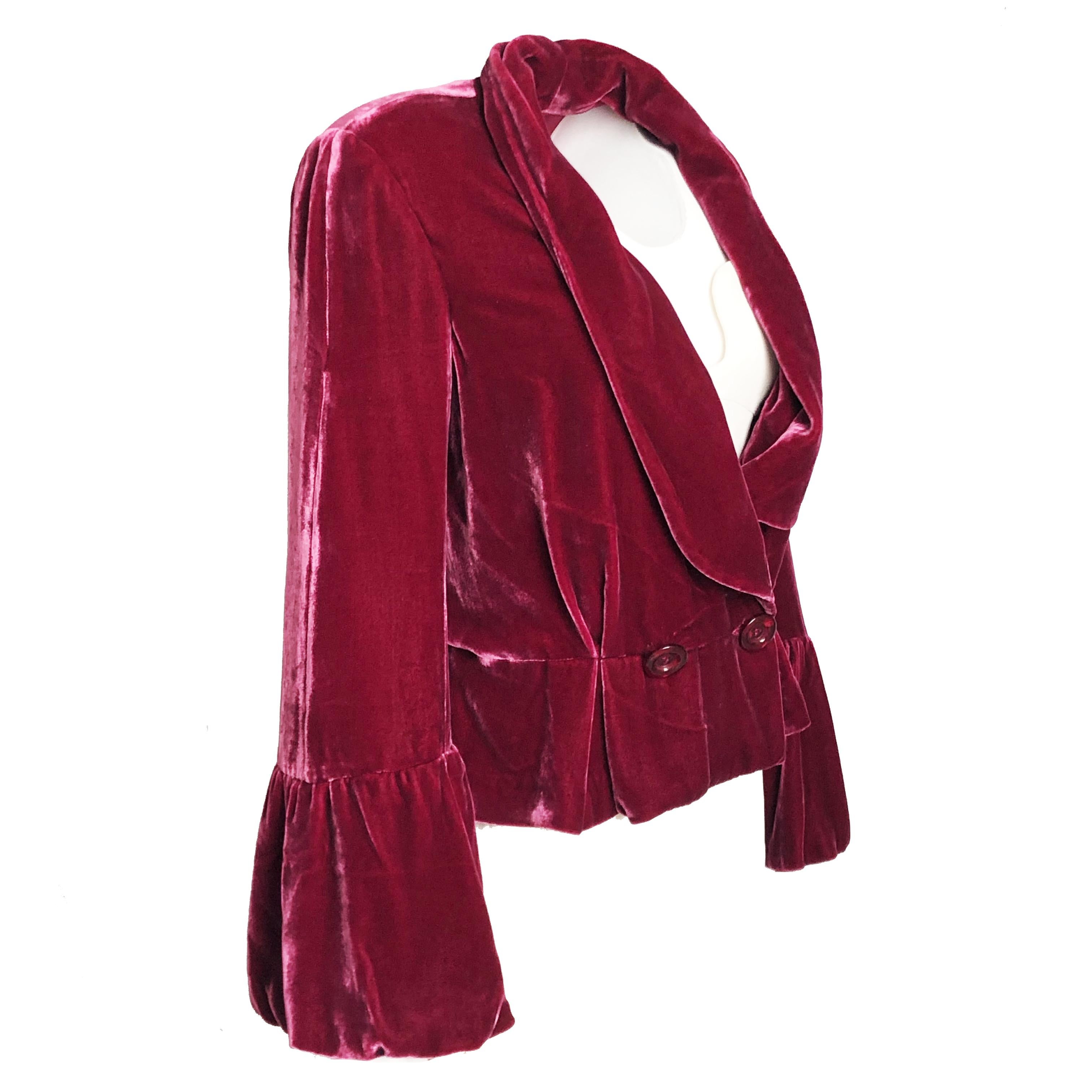 John Galliano Cranberry Seidensamt Jacke mit Schößchen & Glockenärmel Sz 10 (Braun)