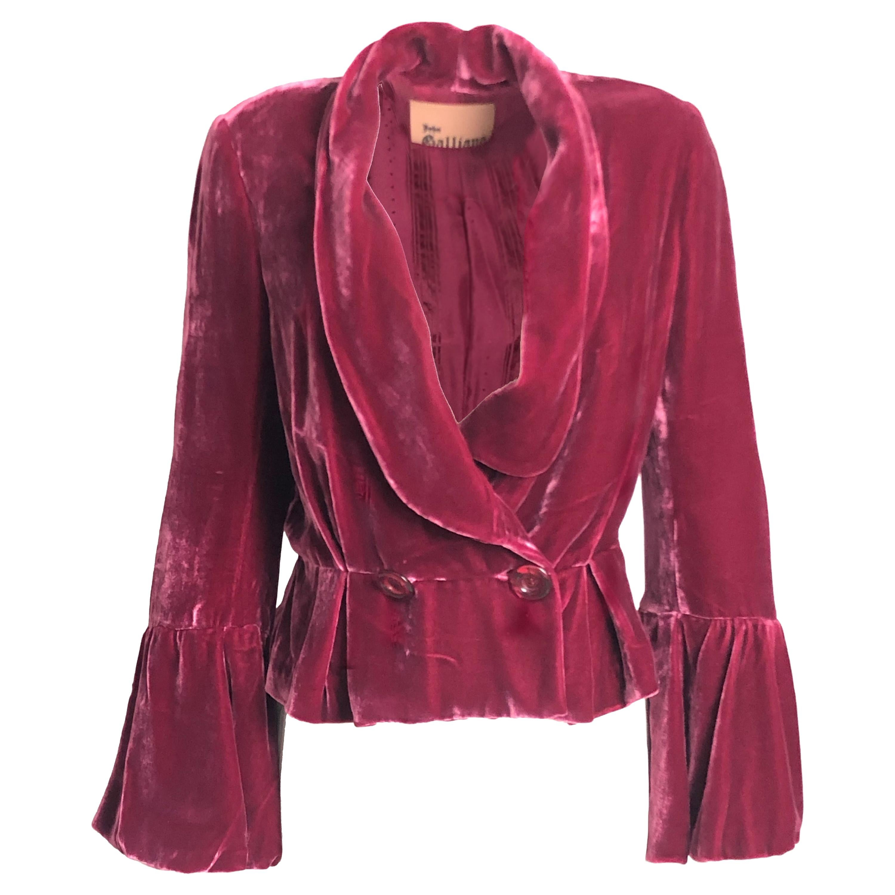 John Galliano Cranberry Silk Velvet Jacket with Peplum & Bell Sleeves Sz 10