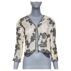 JOHN GALLIANO cream black lace insert open knit hook eye sweater cardigan M