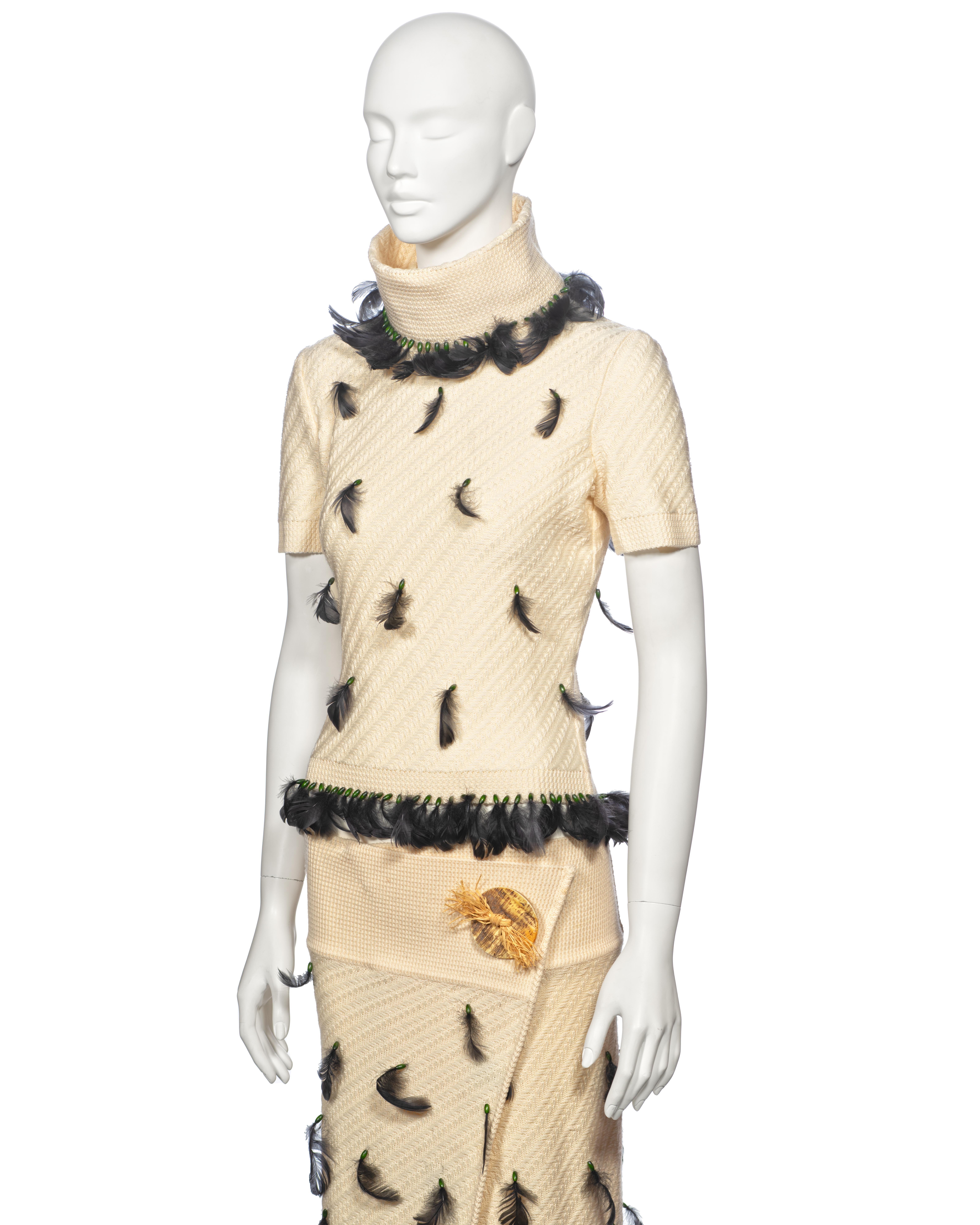 John Galliano Cream Knitted Skirt Suit Adorned With Black Feathers, fw 1999 For Sale 7