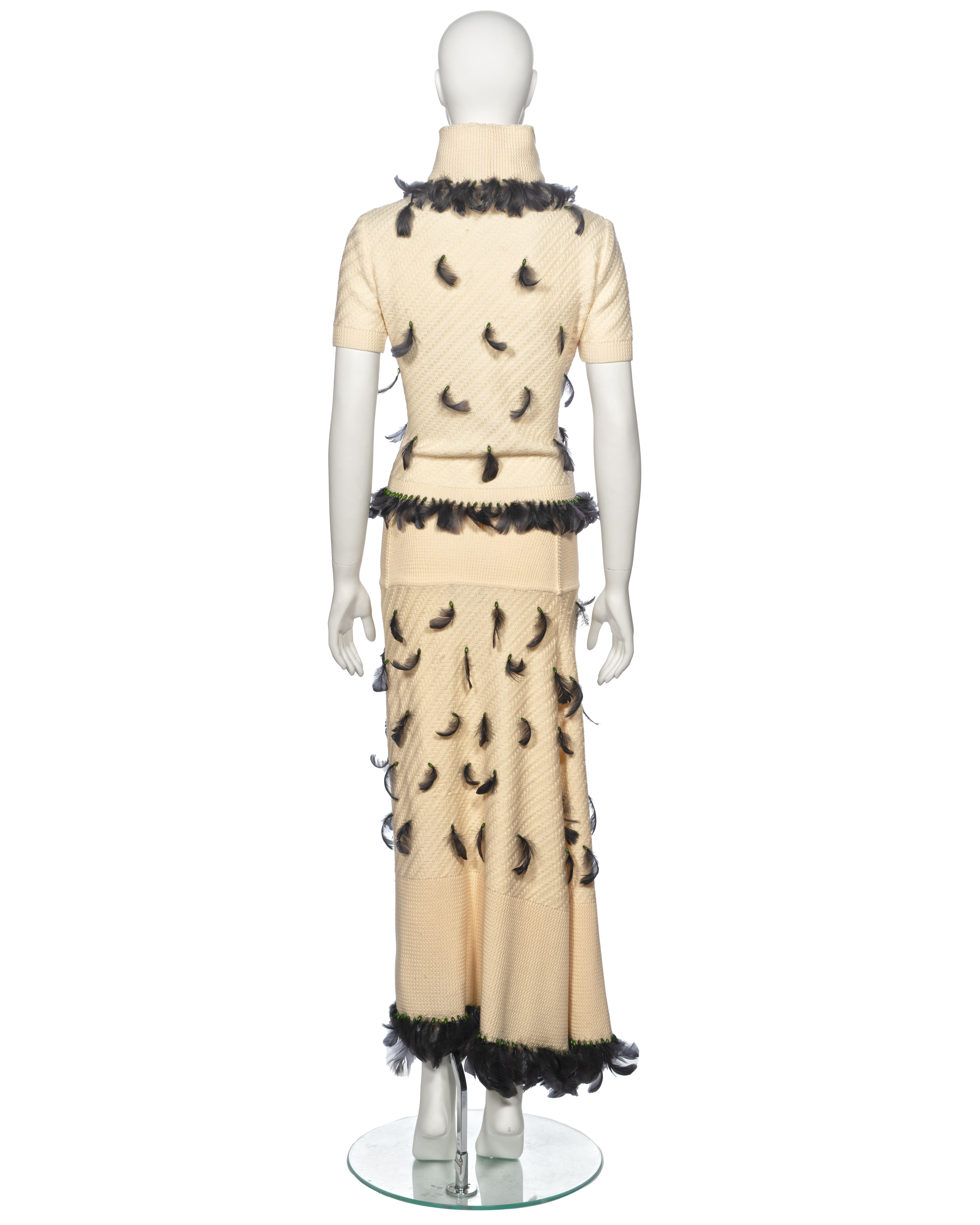 John Galliano Cream Knitted Skirt Suit Adorned With Black Feathers, fw 1999 For Sale 7