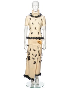 John Galliano Cream Knitted Skirt Suit Adorned With Black Feathers, fw 1999