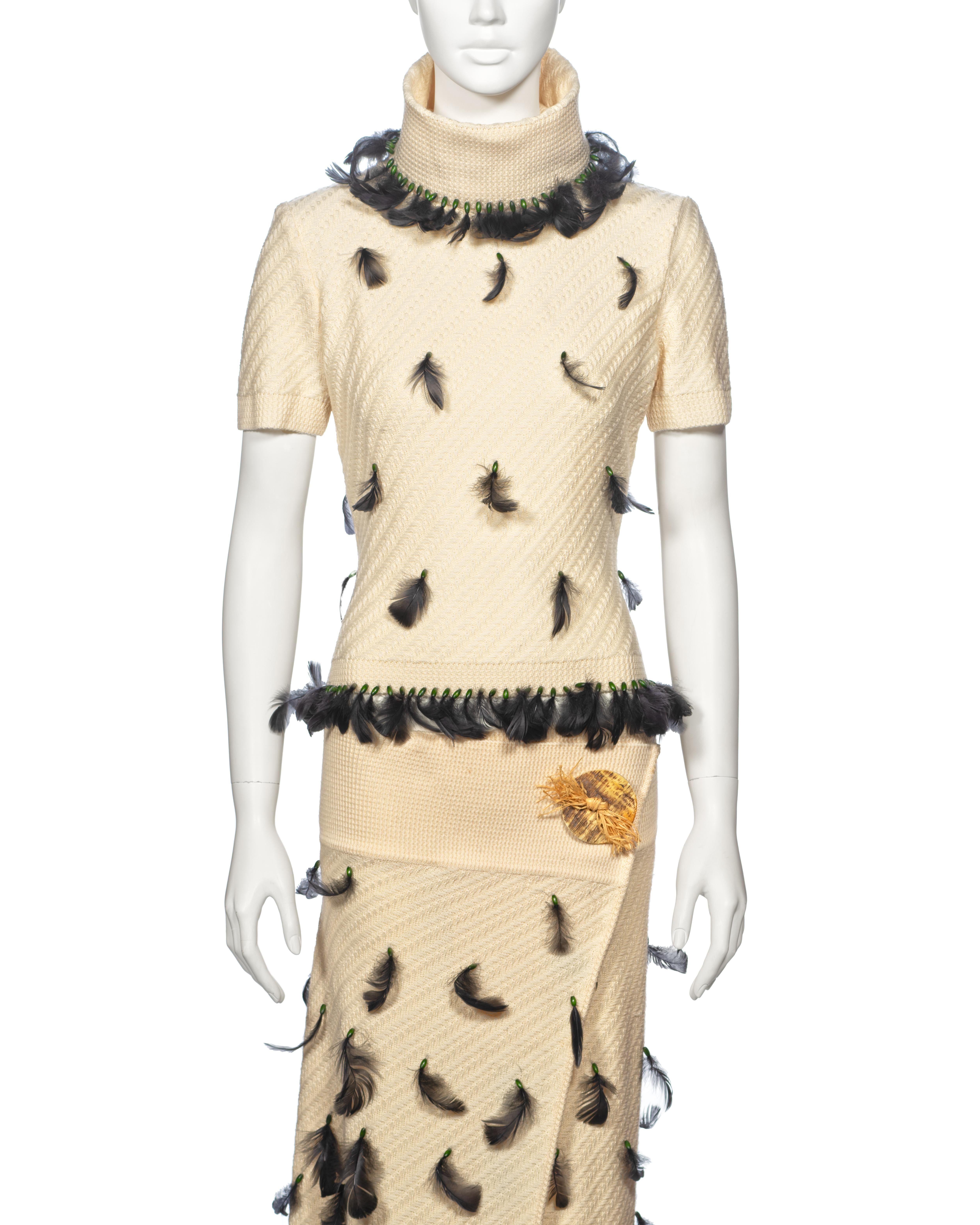 Women's John Galliano Cream Knitted Skirt Suit Adorned With Black Feathers, fw 1999 For Sale