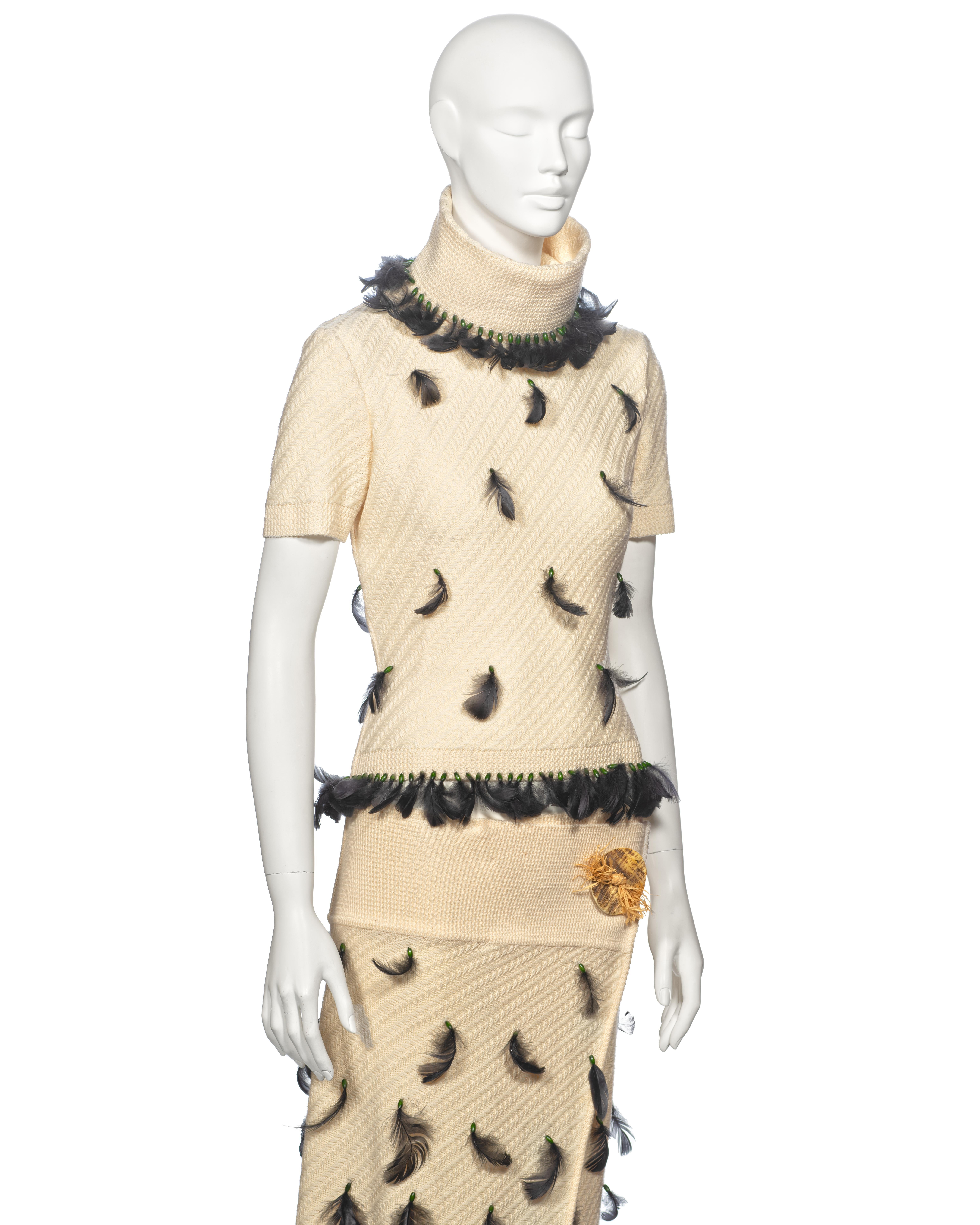John Galliano Cream Knitted Skirt Suit Adorned With Black Feathers, fw 1999 For Sale 5