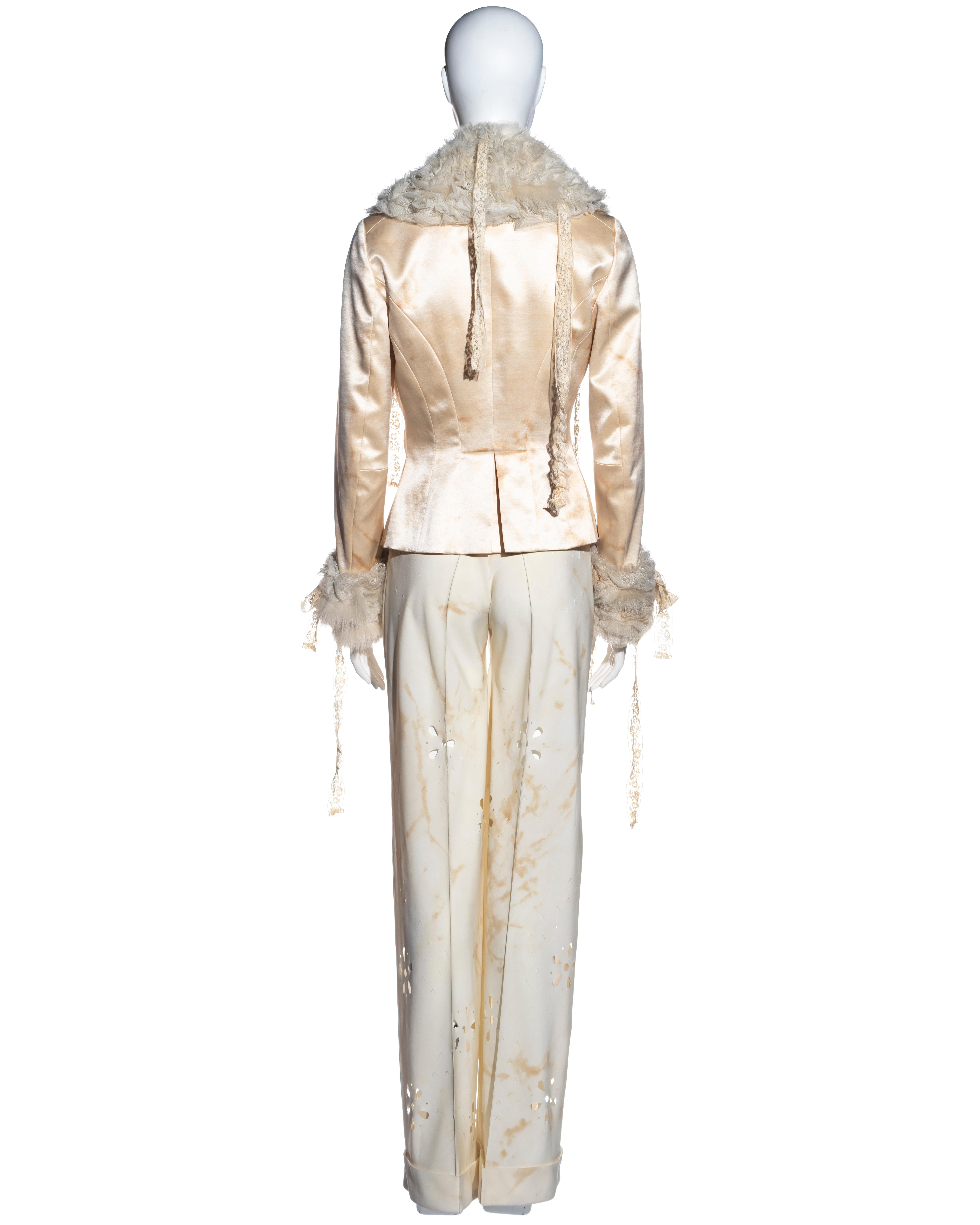 John Galliano cream silk pant suit with Mongolian lamb and lace, fw 2001 For Sale 4