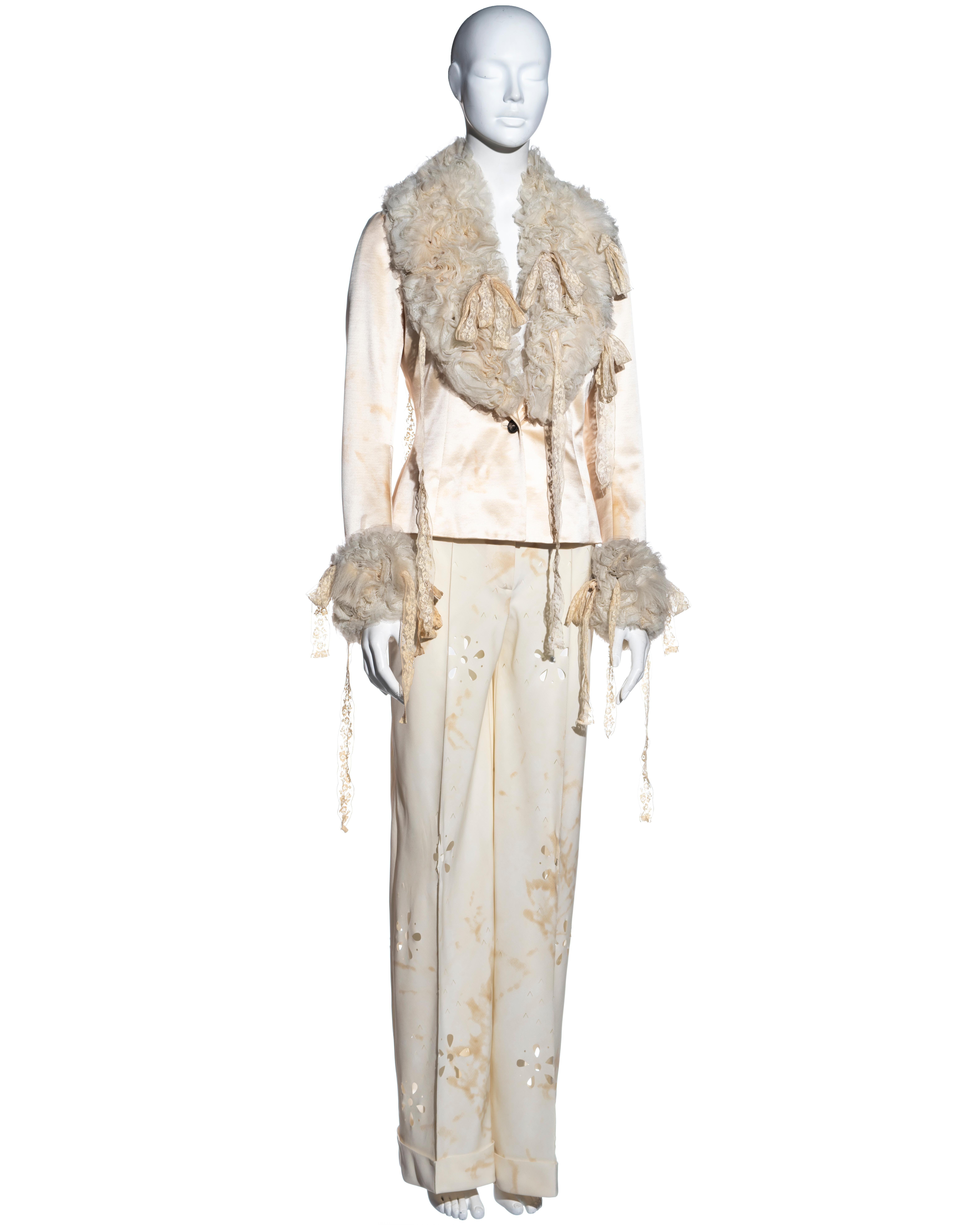 Beige John Galliano cream silk pant suit with Mongolian lamb and lace, fw 2001 For Sale