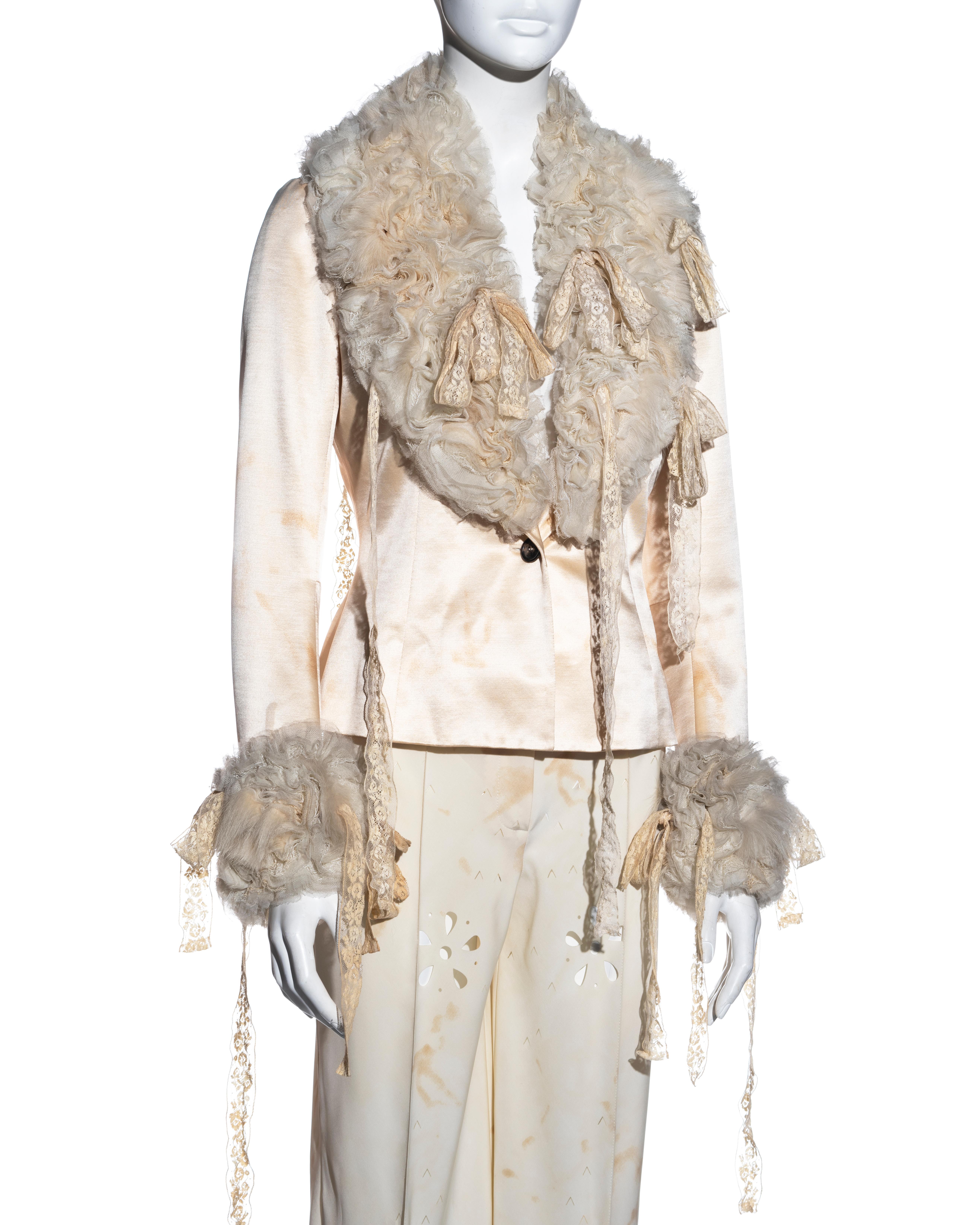 John Galliano cream silk pant suit with Mongolian lamb and lace, fw 2001 For Sale 1