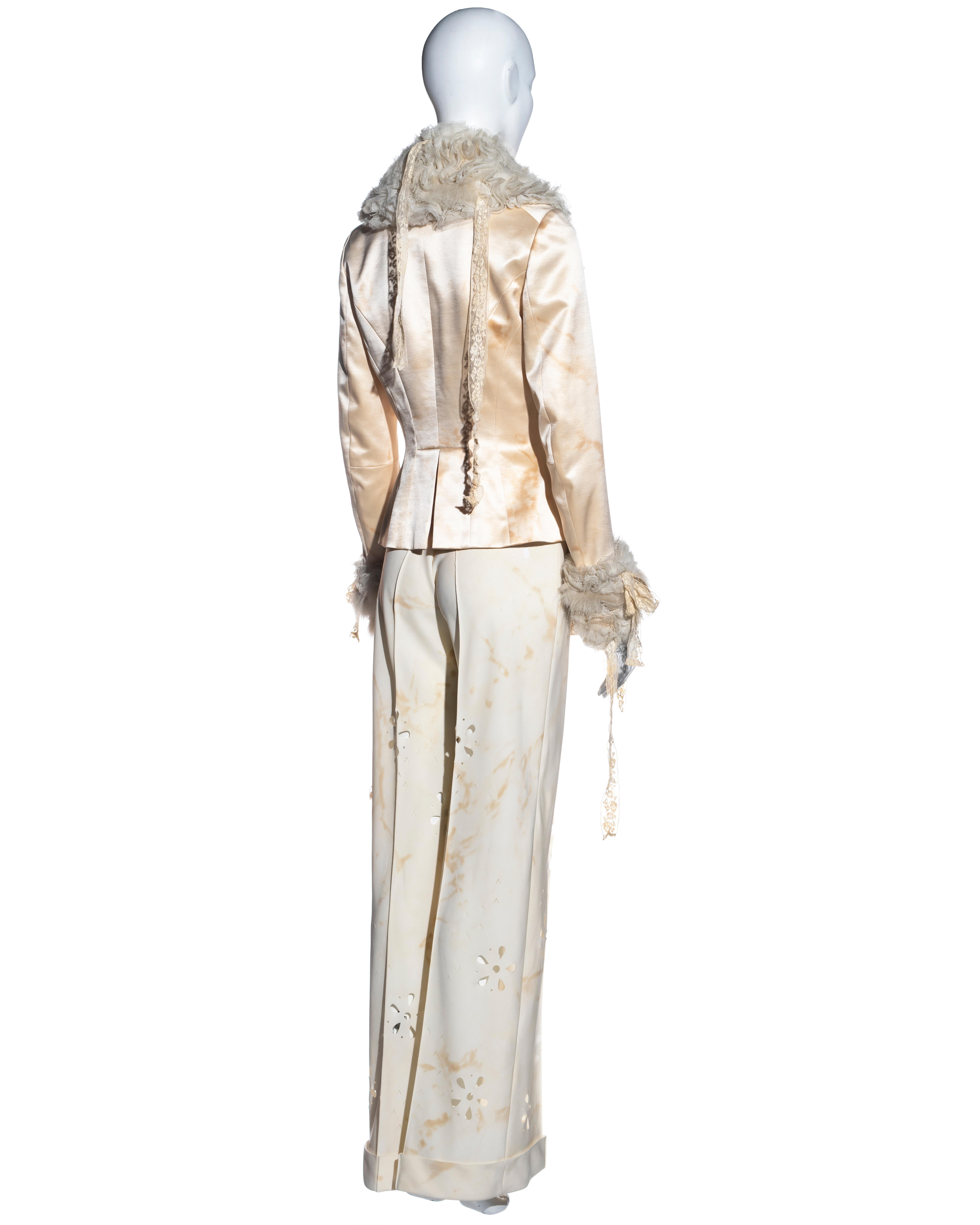 John Galliano cream silk pant suit with Mongolian lamb and lace, fw 2001 For Sale 3