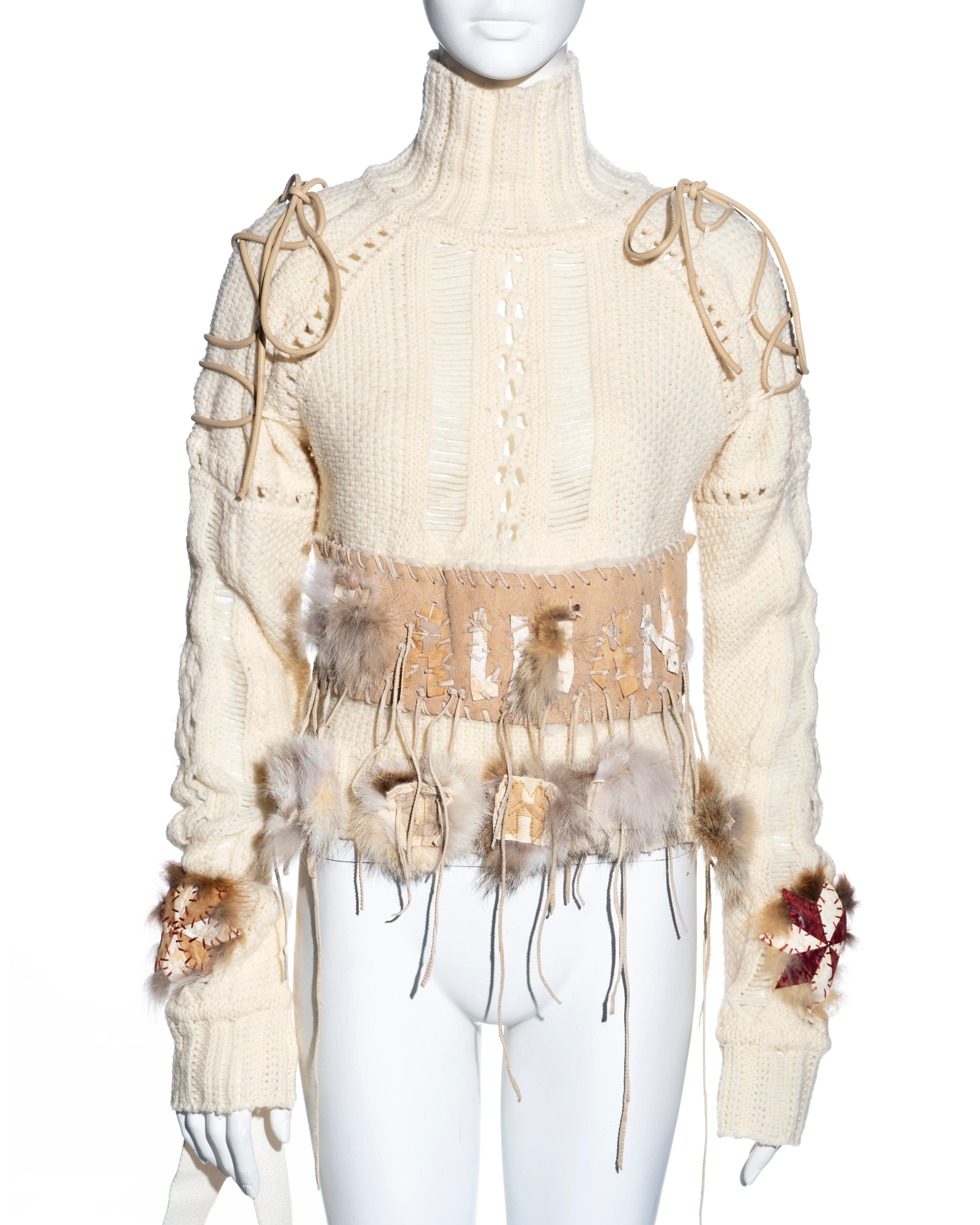 Women's John Galliano cream wool and fur sweater with matching shearling bag, fw 2002 For Sale