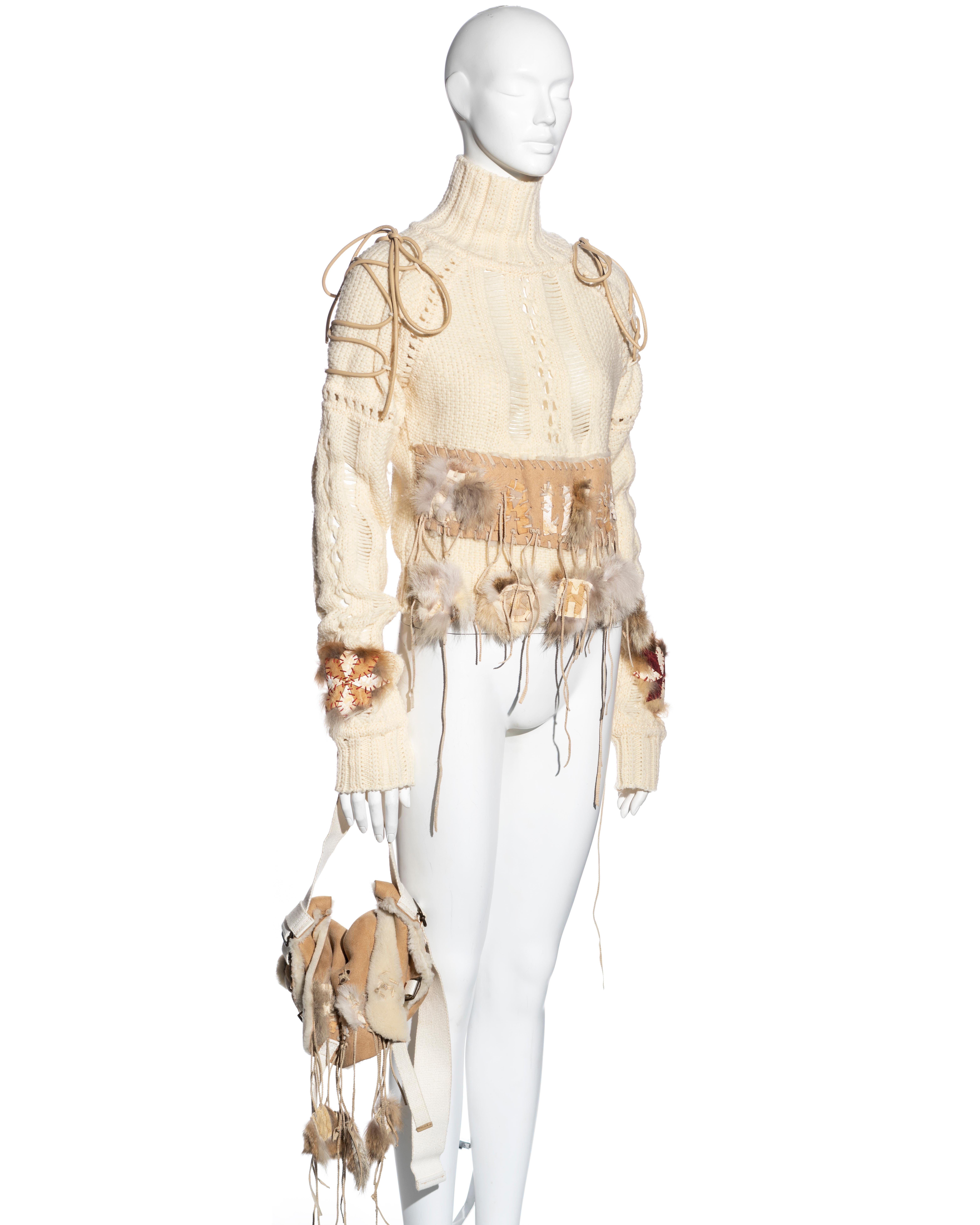 John Galliano cream wool and fur sweater with matching shearling bag, fw 2002 For Sale 3