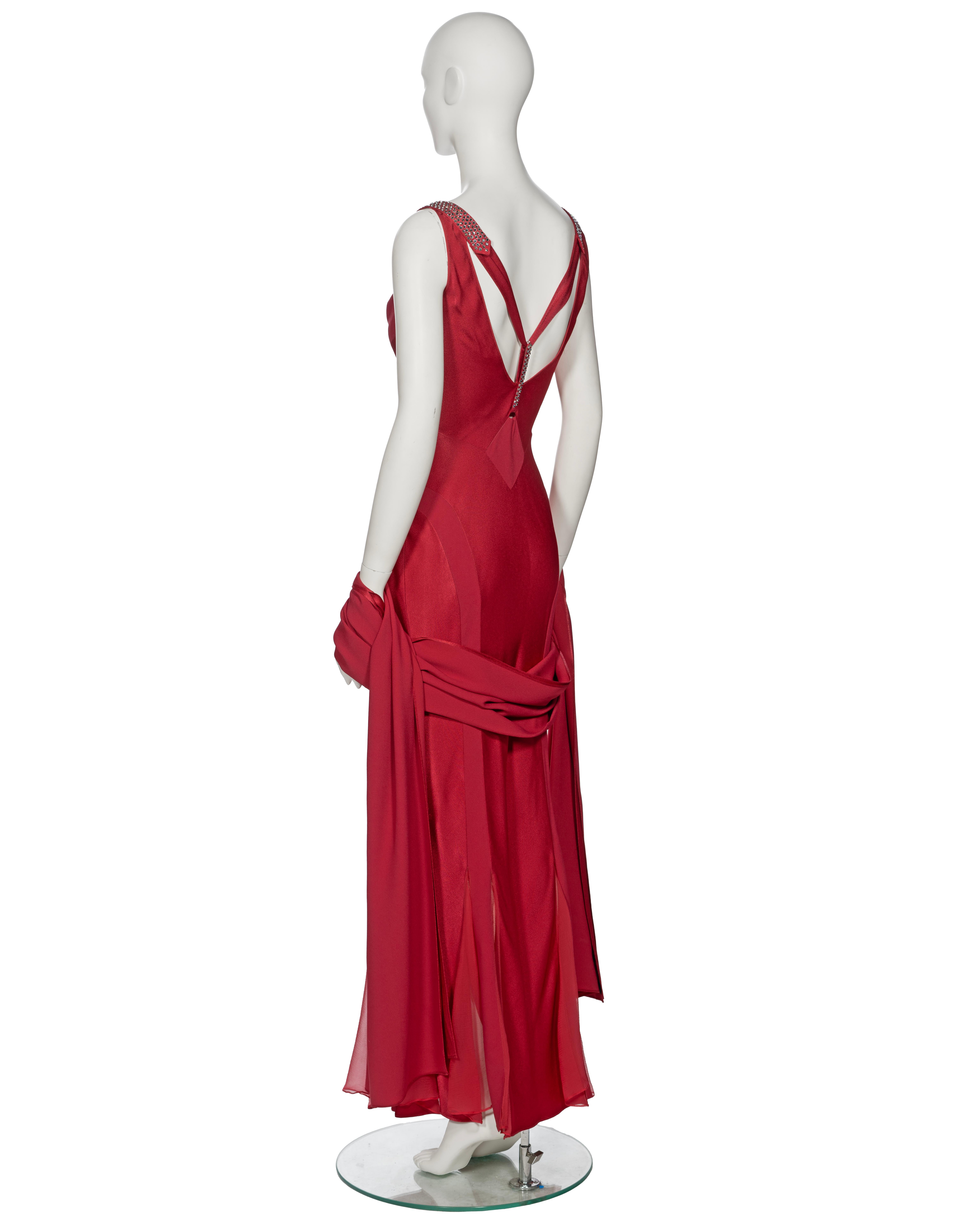 John Galliano Crystal Adorned Crimson Satin Evening Dress and Shawl, ss 2001 For Sale 9