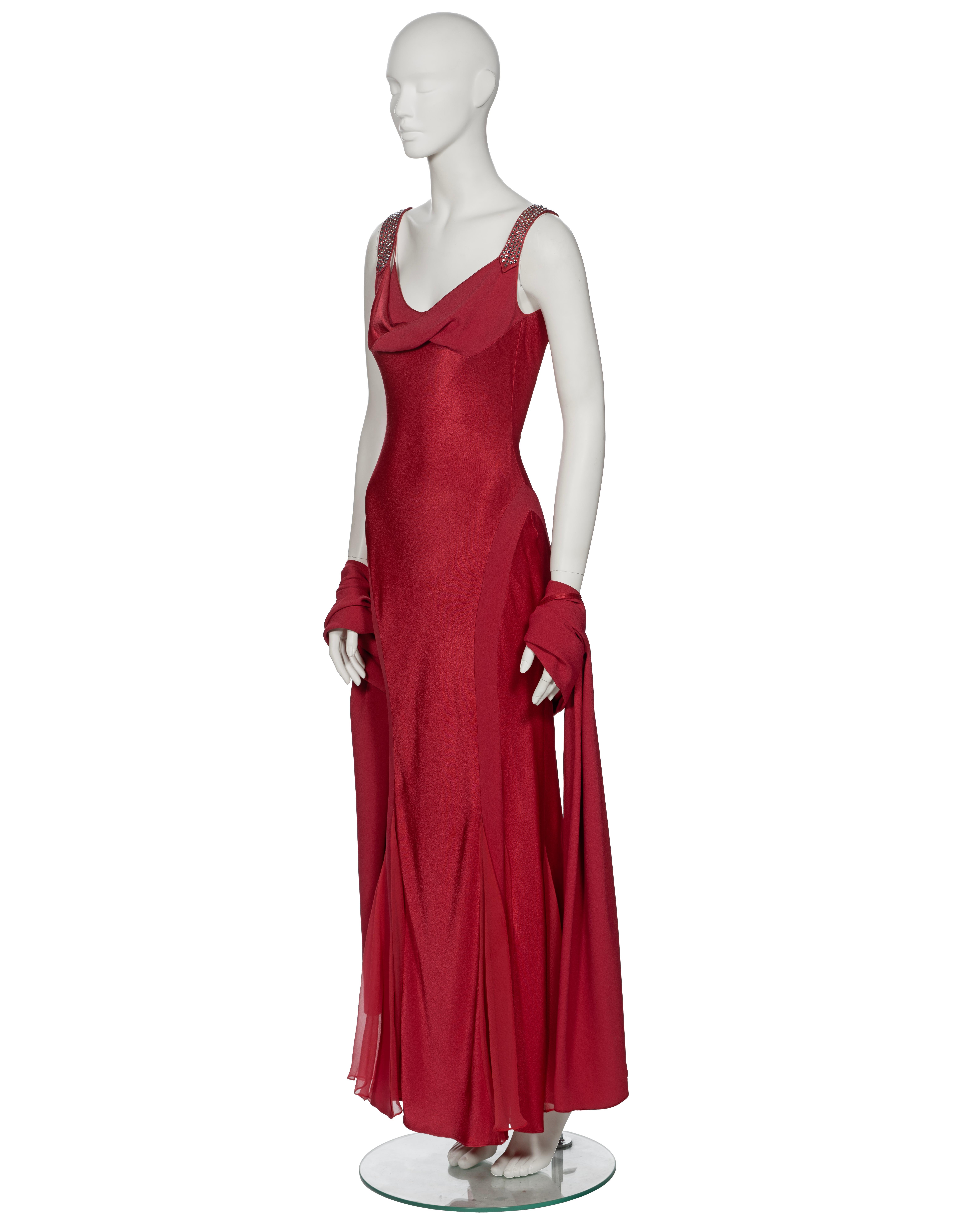 John Galliano Crystal Adorned Crimson Satin Evening Dress and Shawl, ss 2001 For Sale 10
