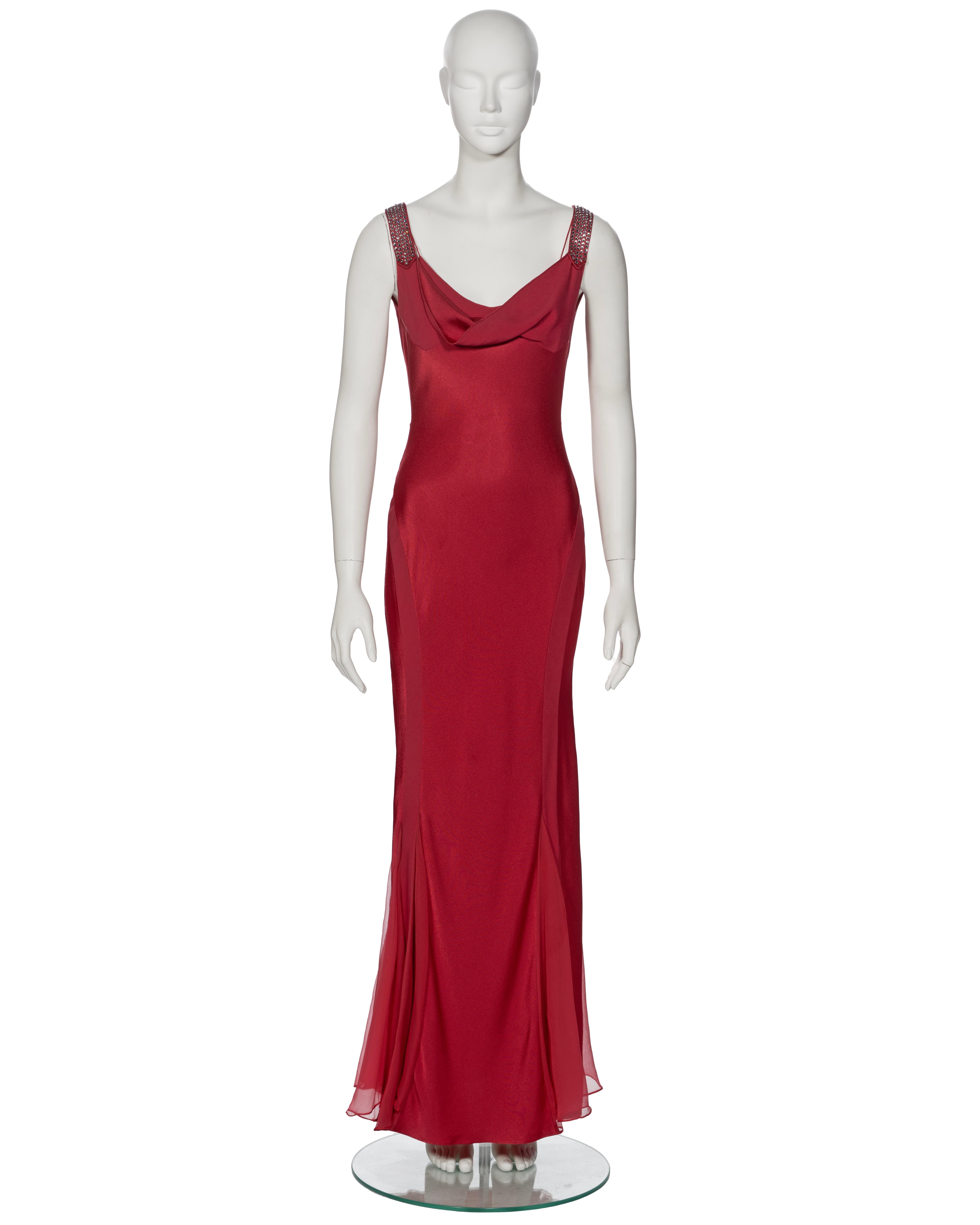John Galliano Crystal Adorned Crimson Satin Evening Dress and Shawl, ss 2001 In Excellent Condition For Sale In London, GB