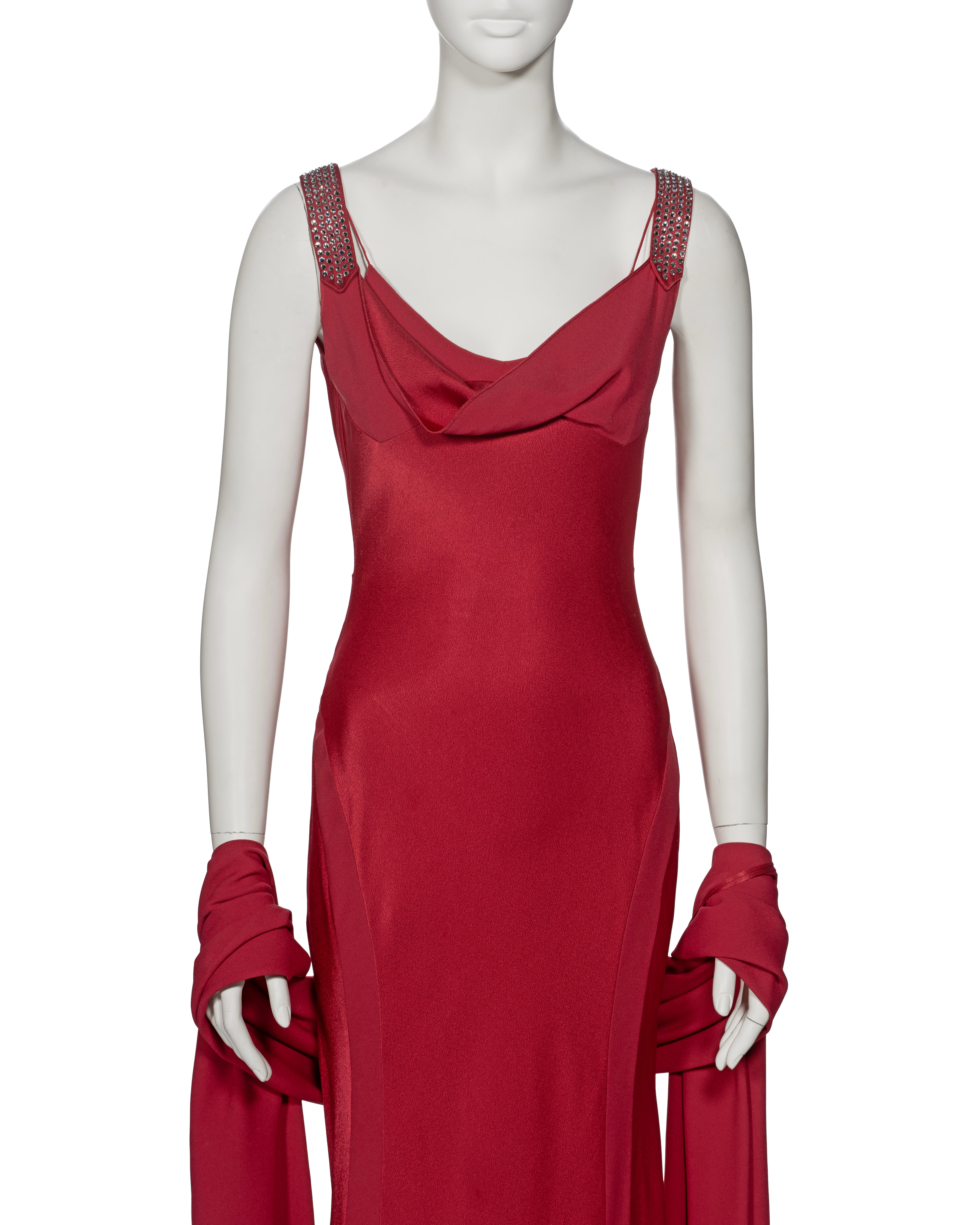 Women's John Galliano Crystal Adorned Crimson Satin Evening Dress and Shawl, ss 2001 For Sale