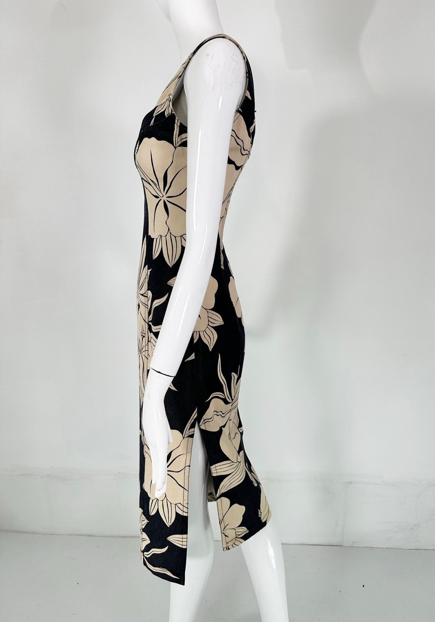 John Galliano Dark Denim Body Con Dress with Tan Tropical Flowers For Sale 5