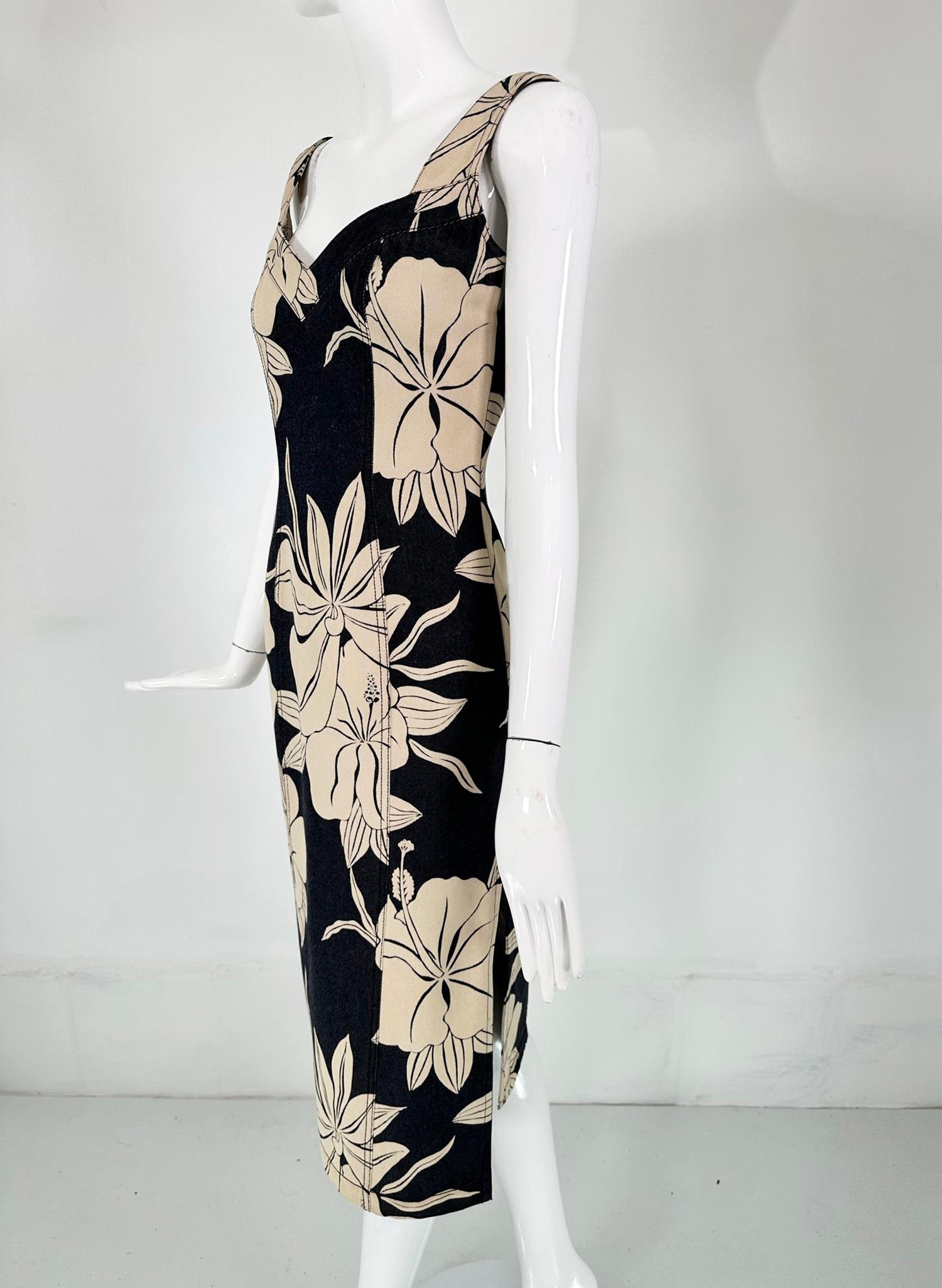 John Galliano Dark Denim Body Con Dress with Tan Tropical Flowers For Sale 6