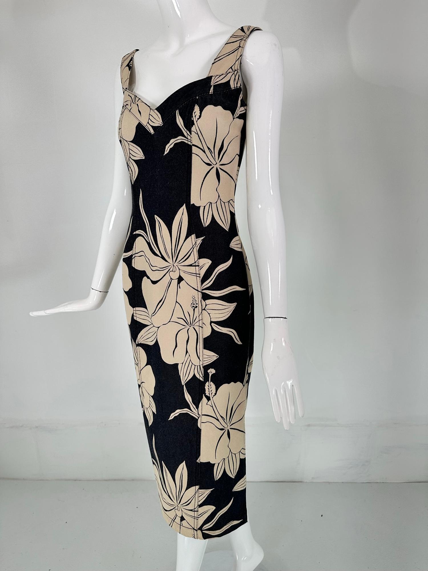 John Galliano Dark Denim Body Con Dress with Tan Tropical Flowers For Sale 7