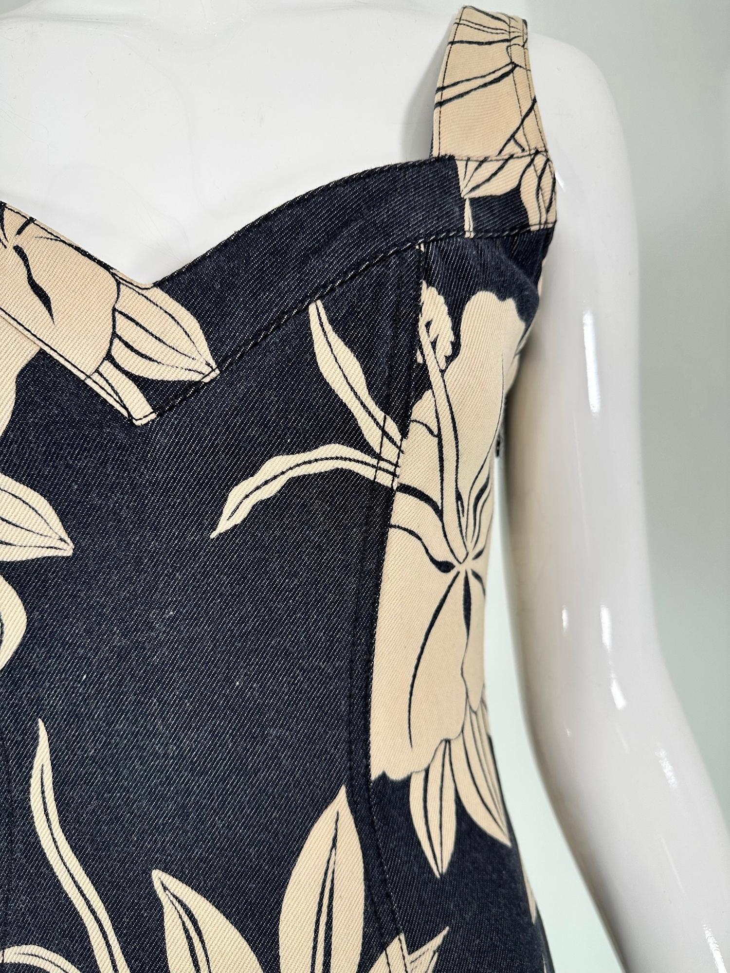 John Galliano Dark Denim Body Con Dress with Tan Tropical Flowers For Sale 8