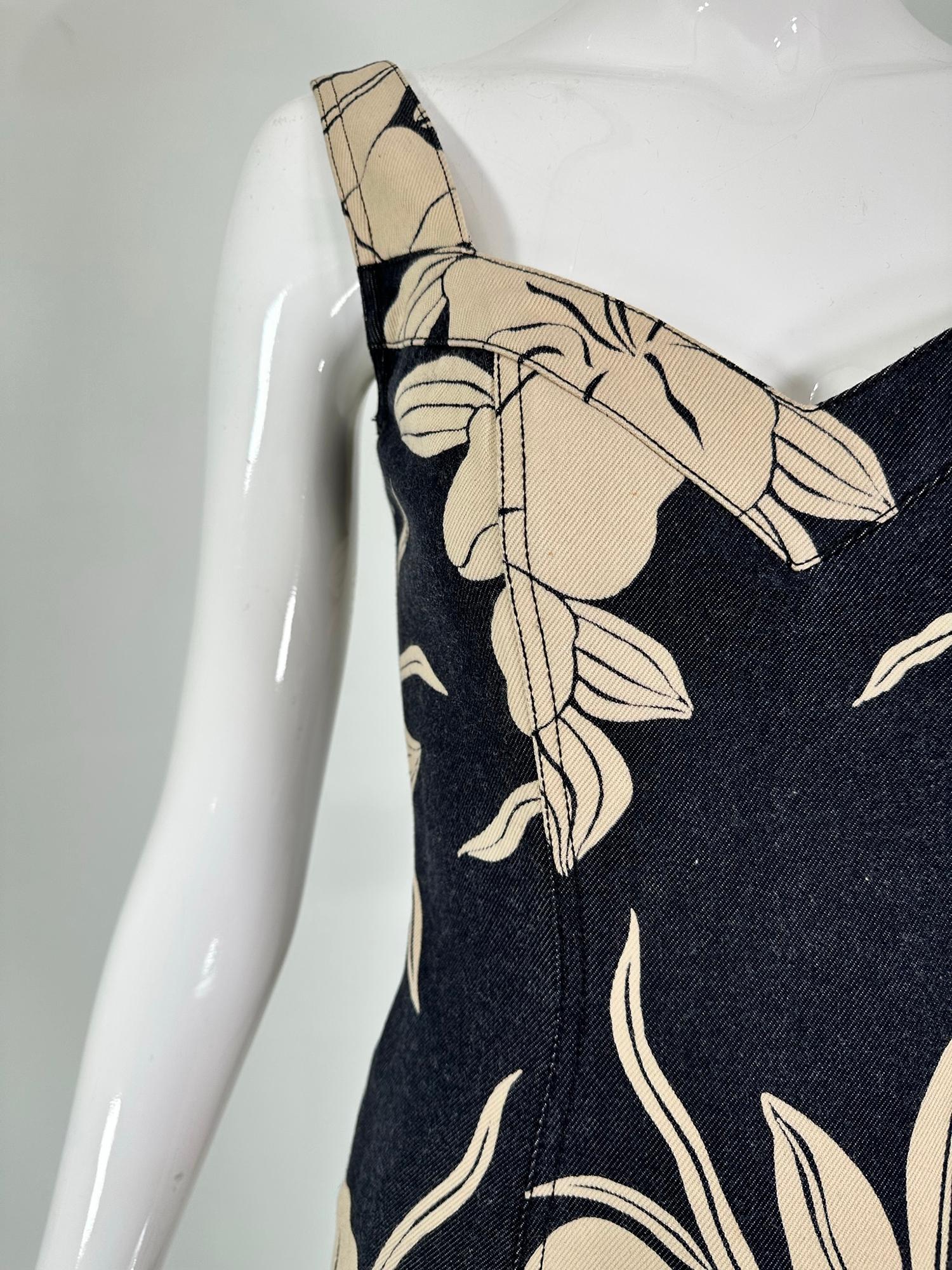 John Galliano Dark Denim Body Con Dress with Tan Tropical Flowers For Sale 9