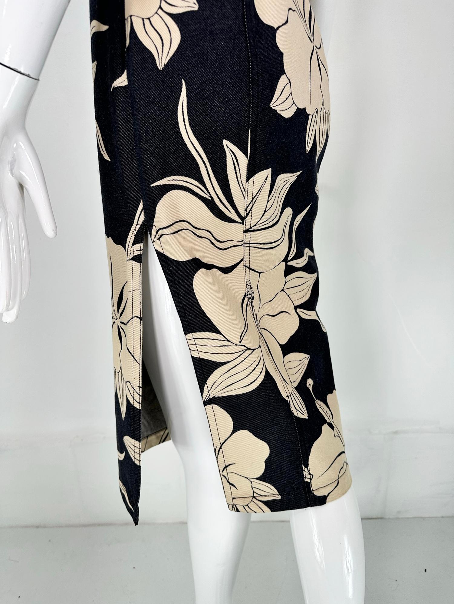 John Galliano Dark Denim Body Con Dress with Tan Tropical Flowers For Sale 10
