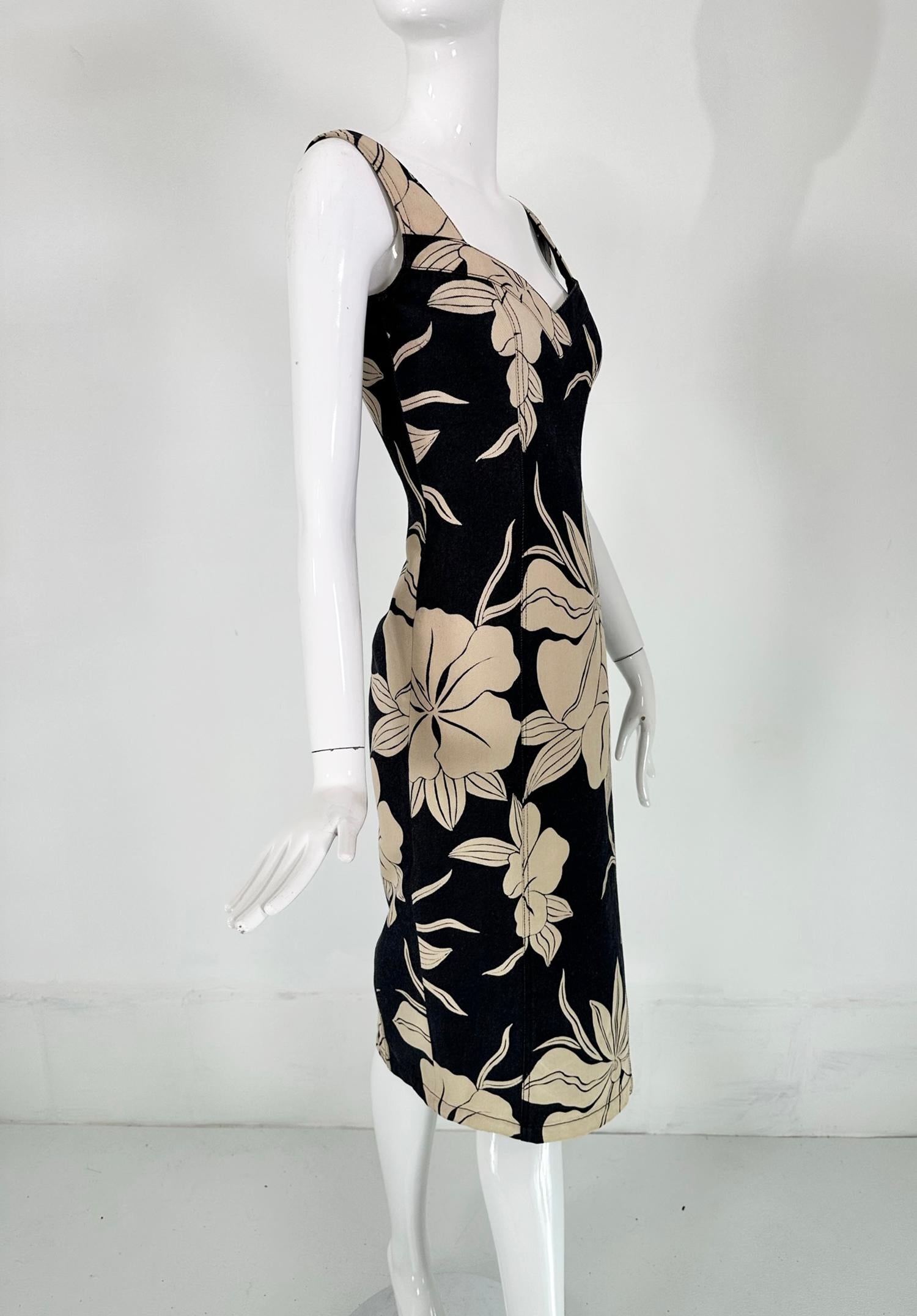 Black John Galliano Dark Denim Body Con Dress with Tan Tropical Flowers For Sale