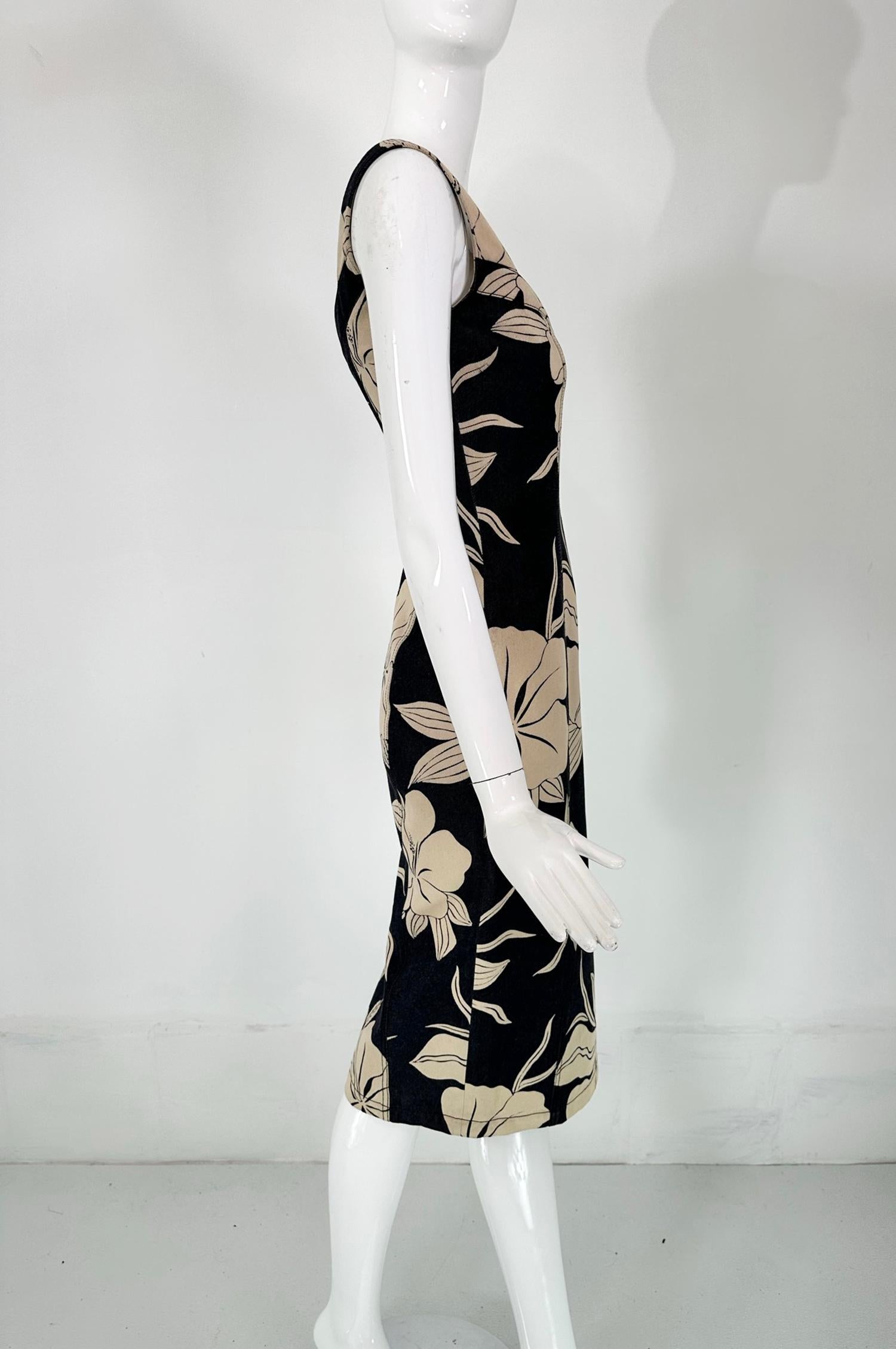 John Galliano Dark Denim Body Con Dress with Tan Tropical Flowers In Good Condition For Sale In West Palm Beach, FL