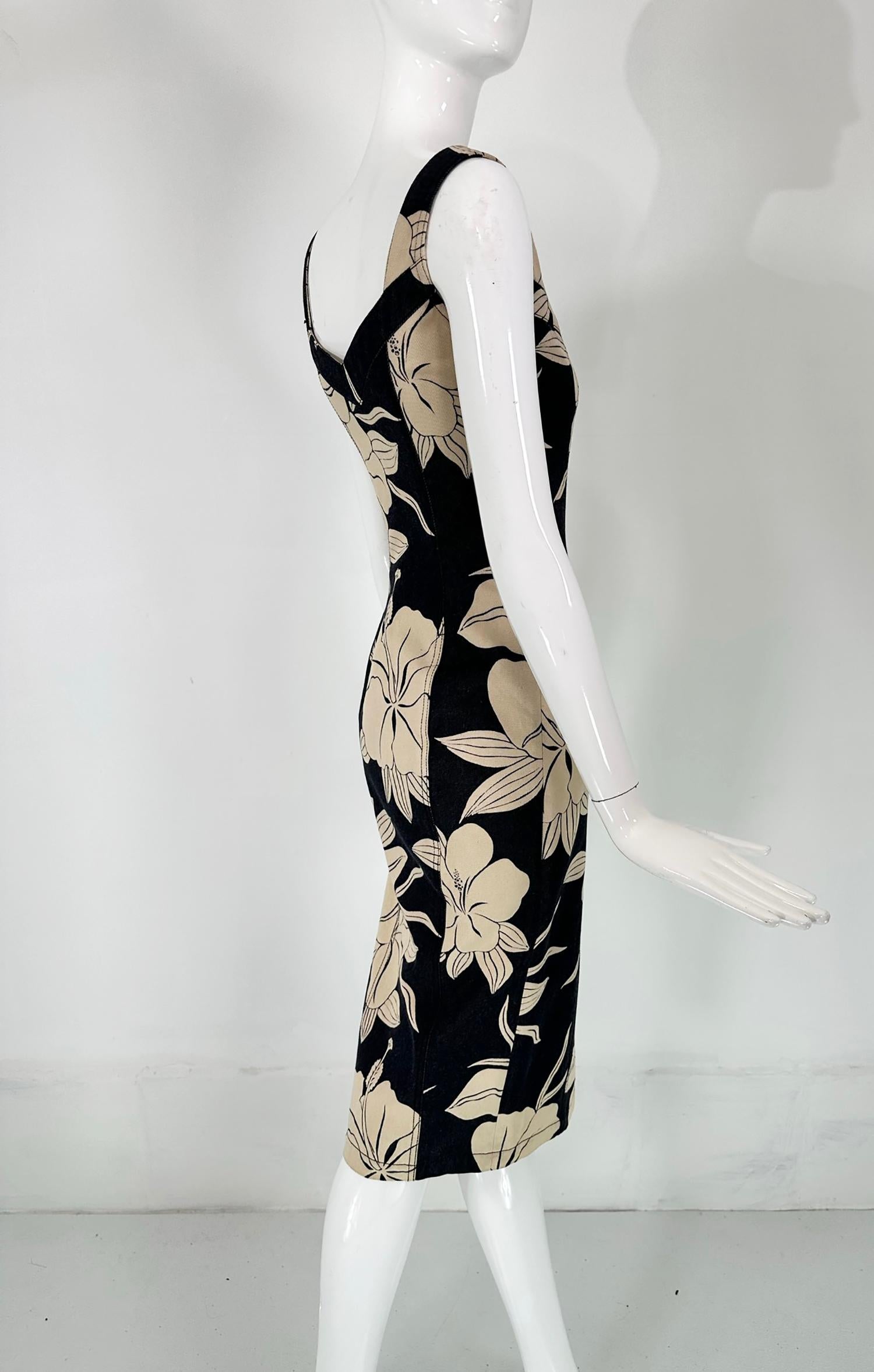 Women's John Galliano Dark Denim Body Con Dress with Tan Tropical Flowers For Sale