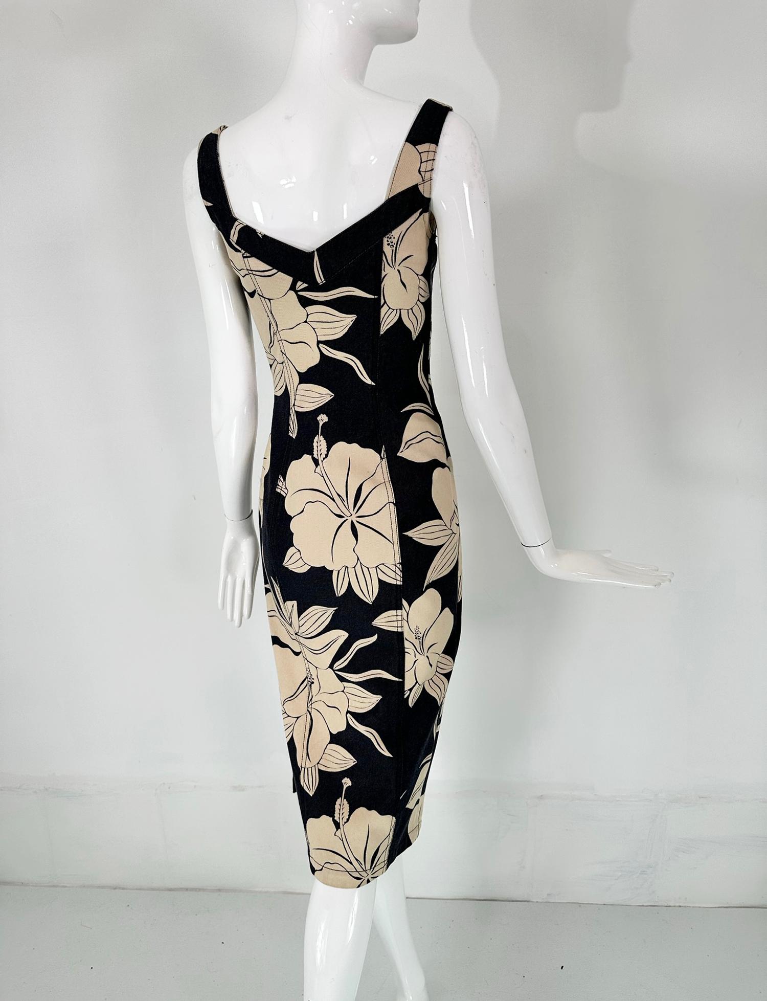 John Galliano Dark Denim Body Con Dress with Tan Tropical Flowers For Sale 2