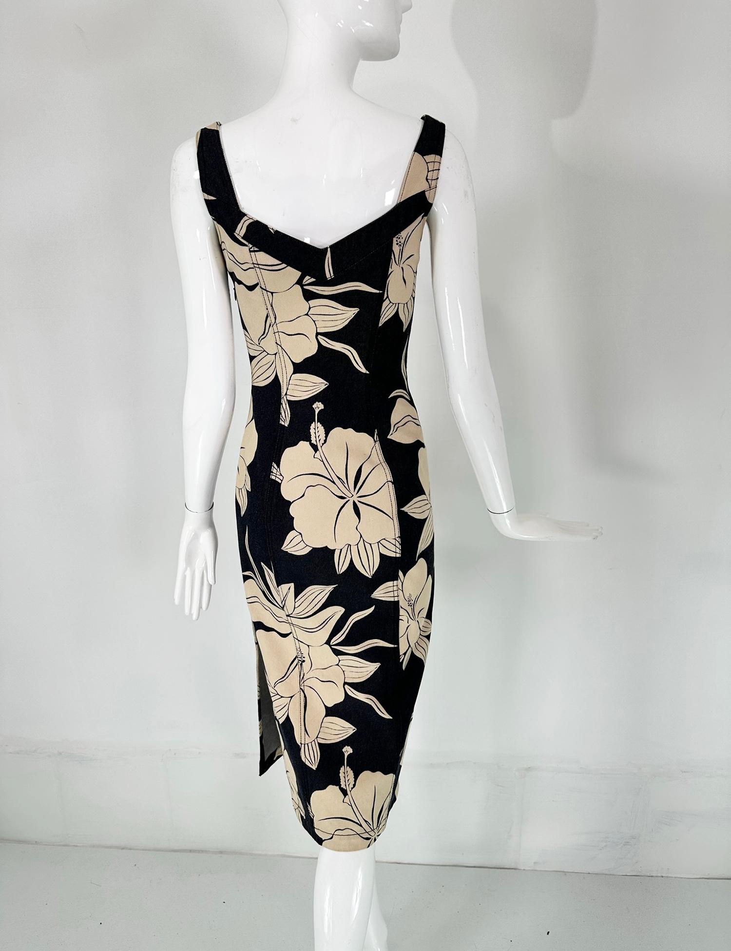 John Galliano Dark Denim Body Con Dress with Tan Tropical Flowers For Sale 4