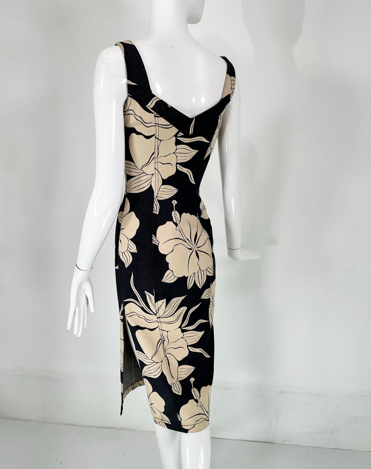John Galliano Dark Denim Body Con Dress with Tan Tropical Flowers For Sale 4