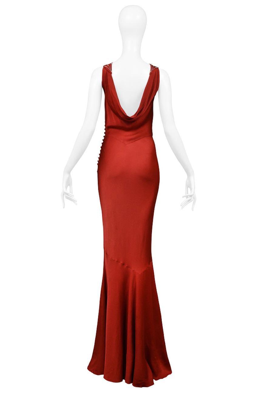 John Galliano Dark Red Satin Evening Gown With Rhinestones 2