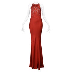 John Galliano Dark Red Satin Evening Gown With Rhinestones